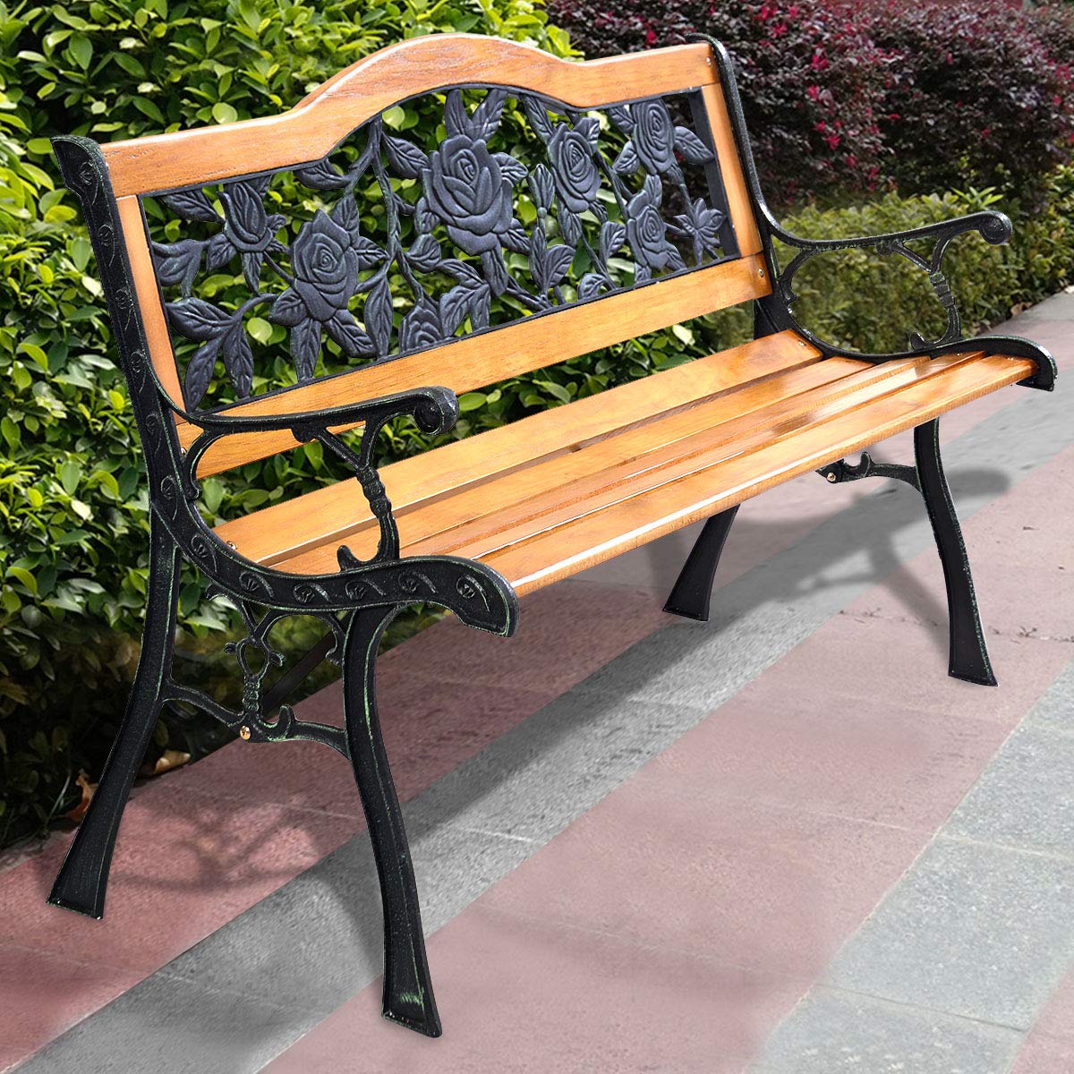 Giantex 50 Inch Patio Bench - Outdoor Wooden Loveseat with Cast Iron Frame, Weatherproof 2-Person Porch Swing for Garden, Deck, and Backyard Relaxation
