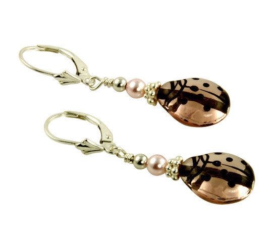 Elegant Pearl Pink Mauve Ladybug Beaded Earrings for Women | Handmade Dangle Earrings | Perfect for Weddings, Parties & Everyday Wear