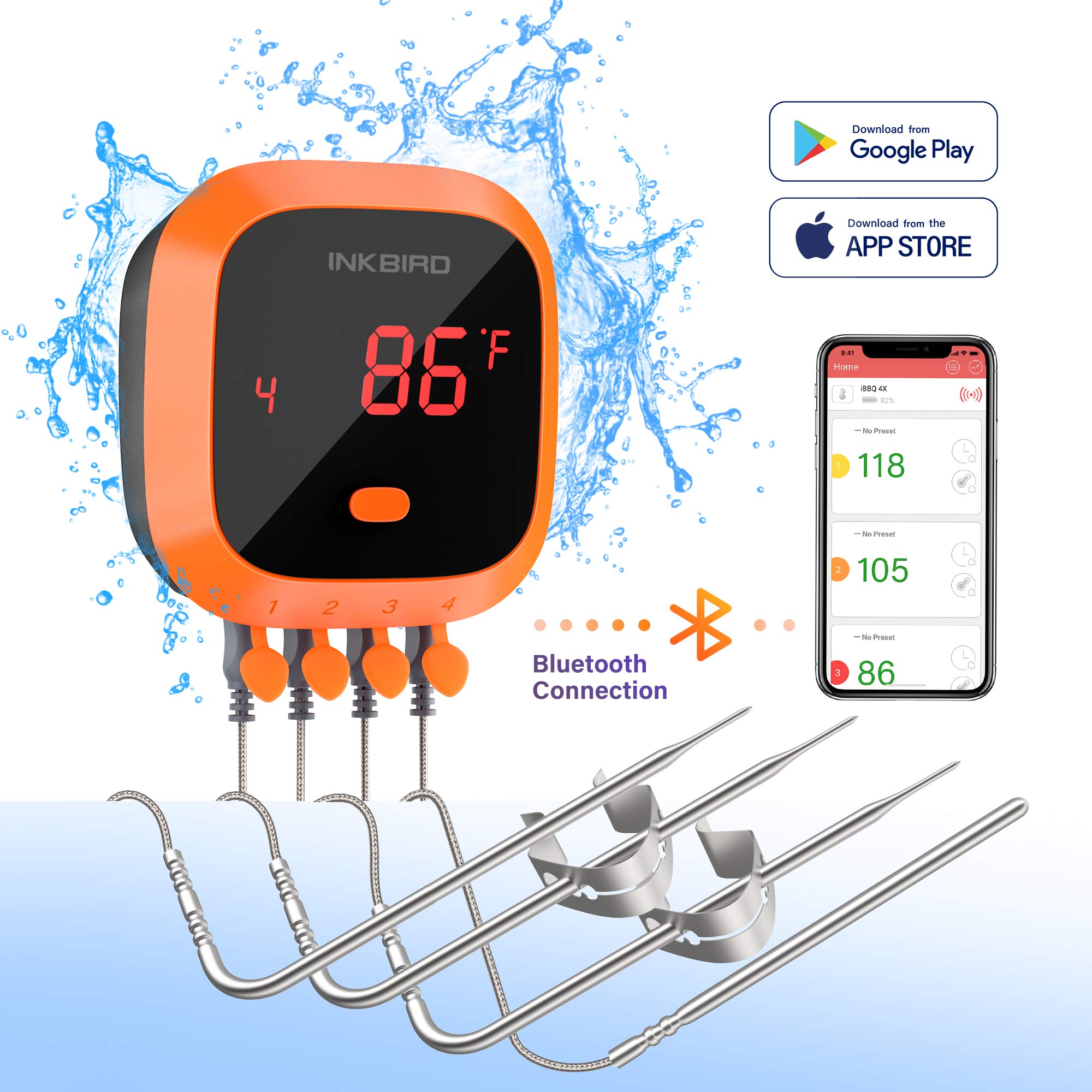 Inkbird IBT-4XC 150FT Waterproof Bluetooth Meat Thermometer with 4 Probes, Magnet, Timer & Alarm | Wireless Digital BBQ Grill Thermometer for Cooking, Smoking, Grilling | Perfect for Kitchen, Oven, Smoker & Outdoor BBQ Parties