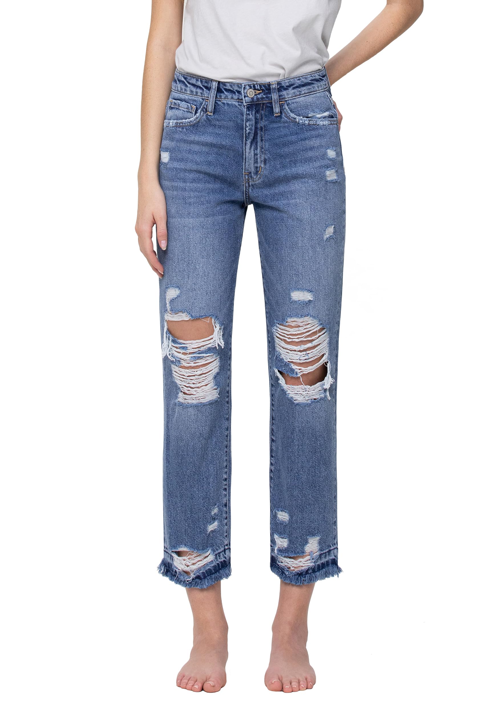 Flying Monkey Women's High Rise Straight Jeans - Medium Blue Distressed Denim with Crop Hem | Casual Wear, Street Style, Everyday Outfits