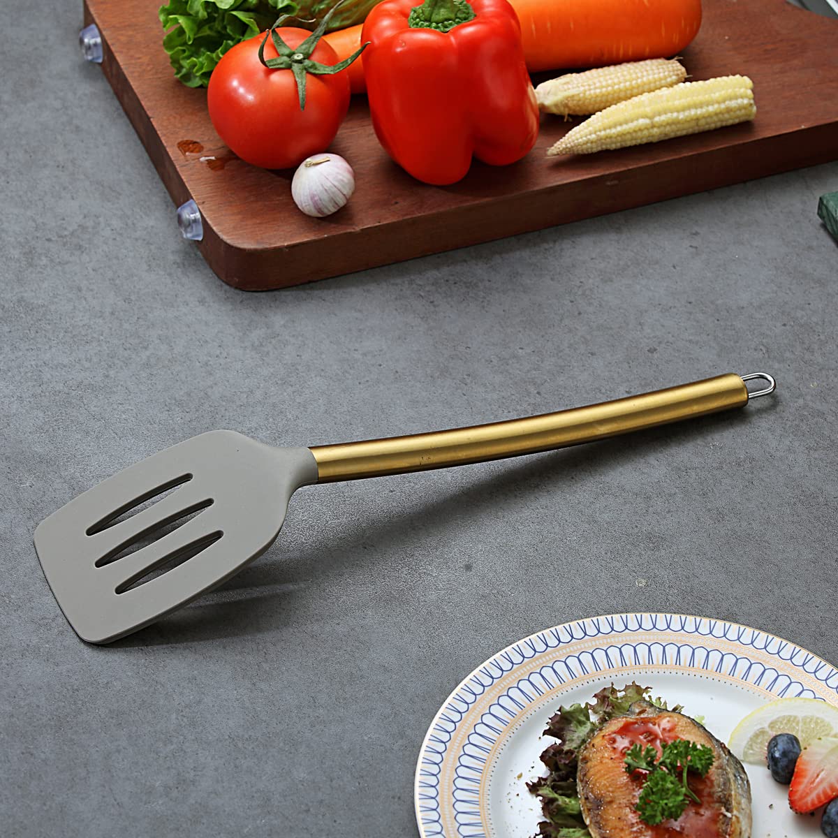Premium Gold Plated Non-Stick Silicone Slotted Turner - Berglander Titanium Handle Cooking Spatula for Kitchen & BBQ | Dishwasher Safe & Easy to Clean | Perfect for Flipping Pancakes, Burgers & Grilling