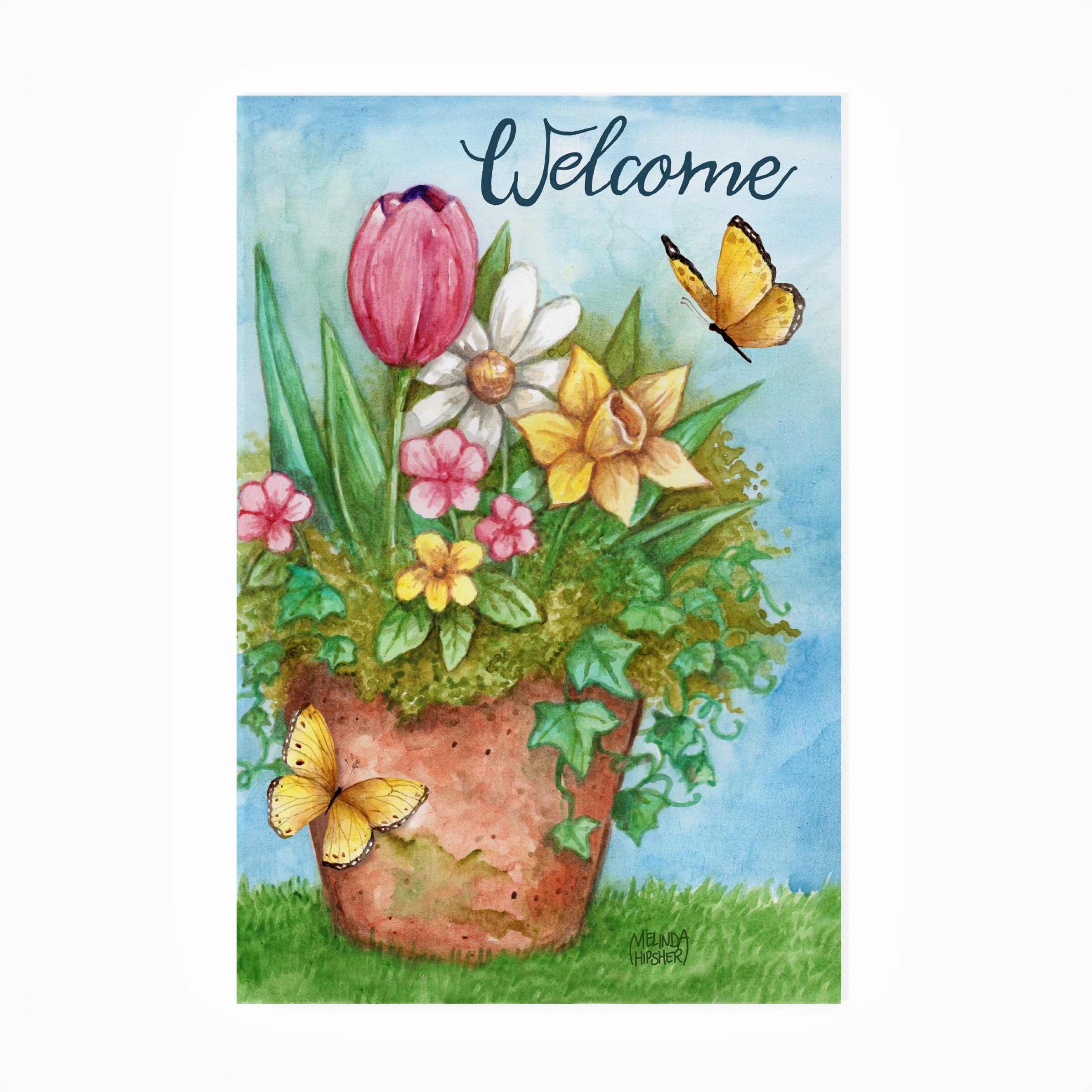 Melinda Hipsher Welcome Spring Bouquet in Pot with Butterflies - Weatherproof Outdoor Wall Art Decor for Garden, Patio, and Porch