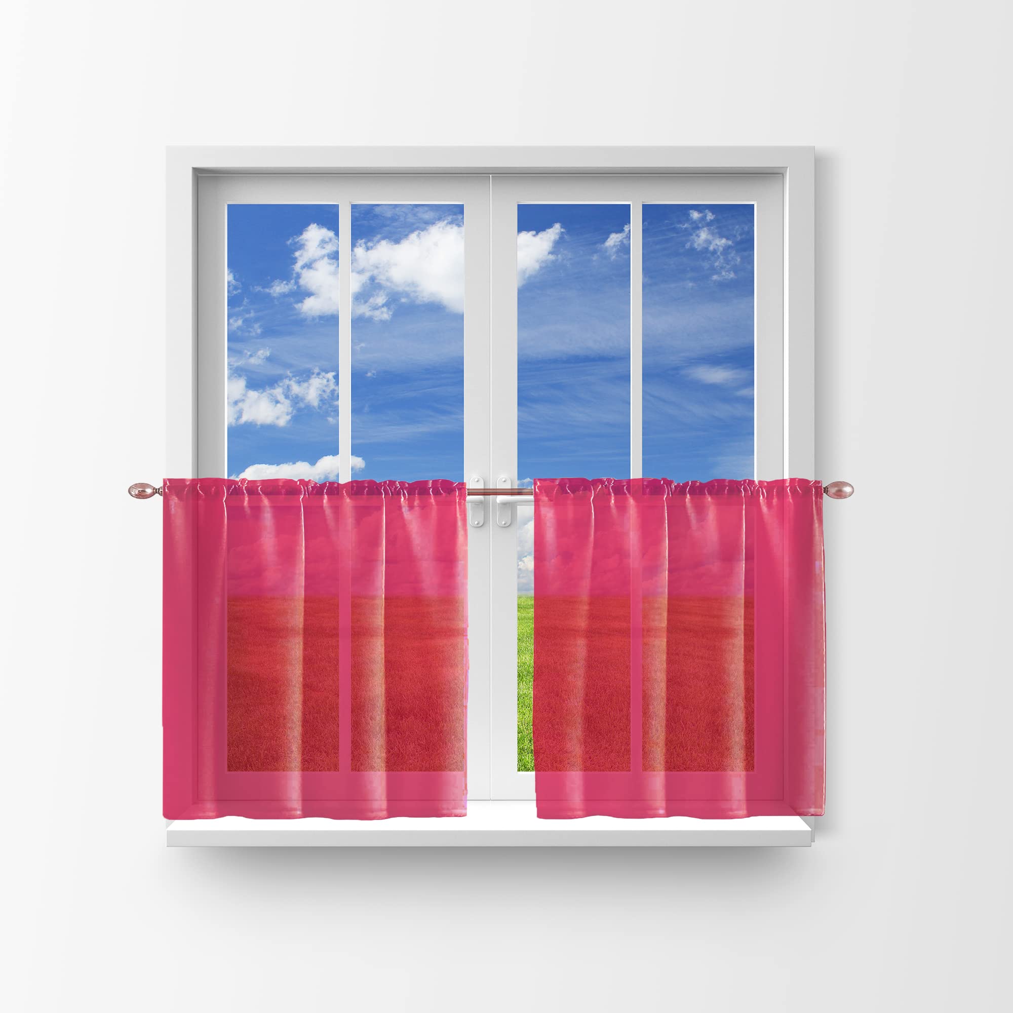2-Piece Solid Sheer Organza Tier Window Valance Set - Fuchsia Home Décor for Bedroom, Nursery & Kitchen | Elegant Window Treatment for Light Filtering & Privacy