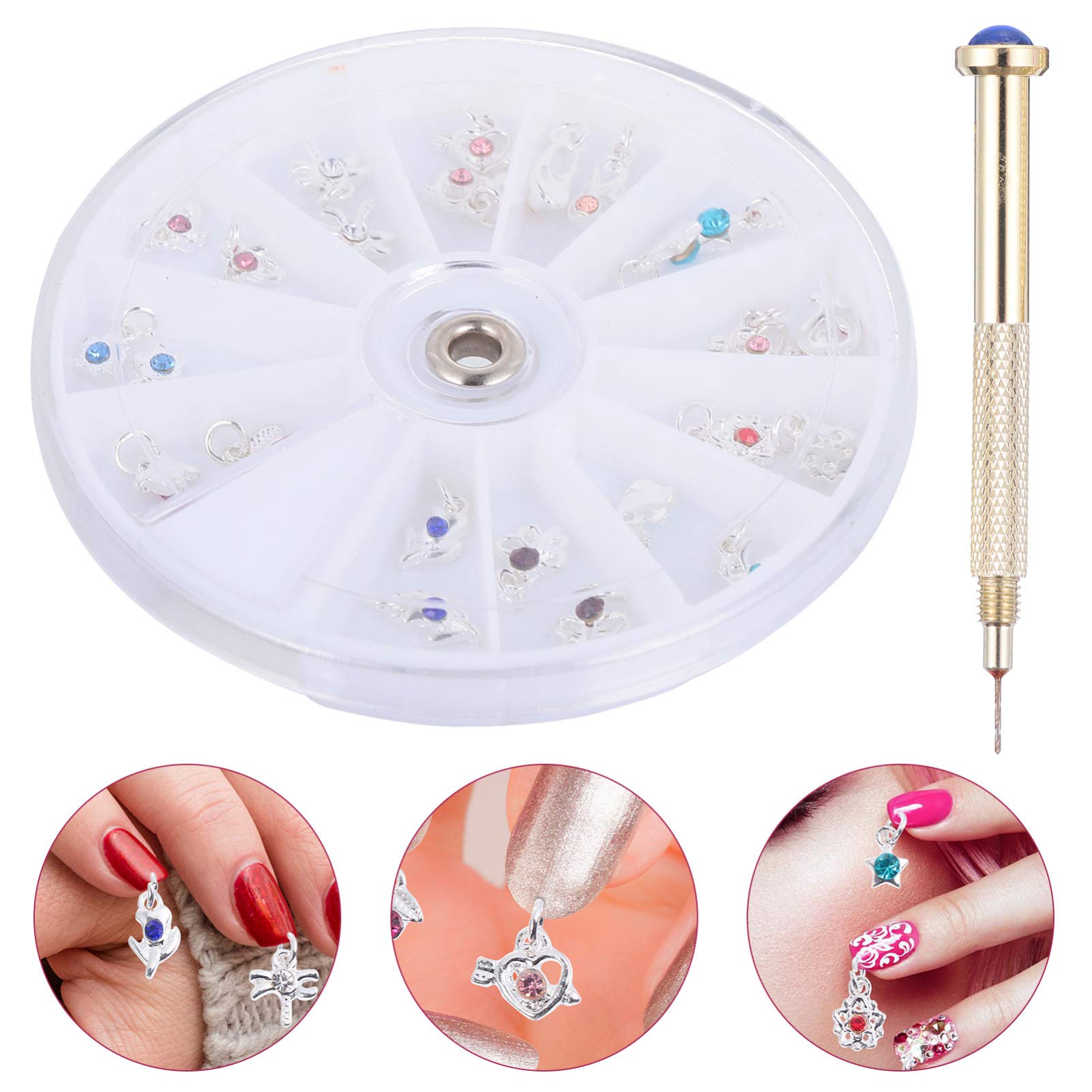 Beaupretty 24Pcs Nail Art Charms Set - 2 Pack Dangle Pendants with Hand Drill for DIY Nail Jewelry | Perfect for Salon, Home Manicure & Party Nail Decorations