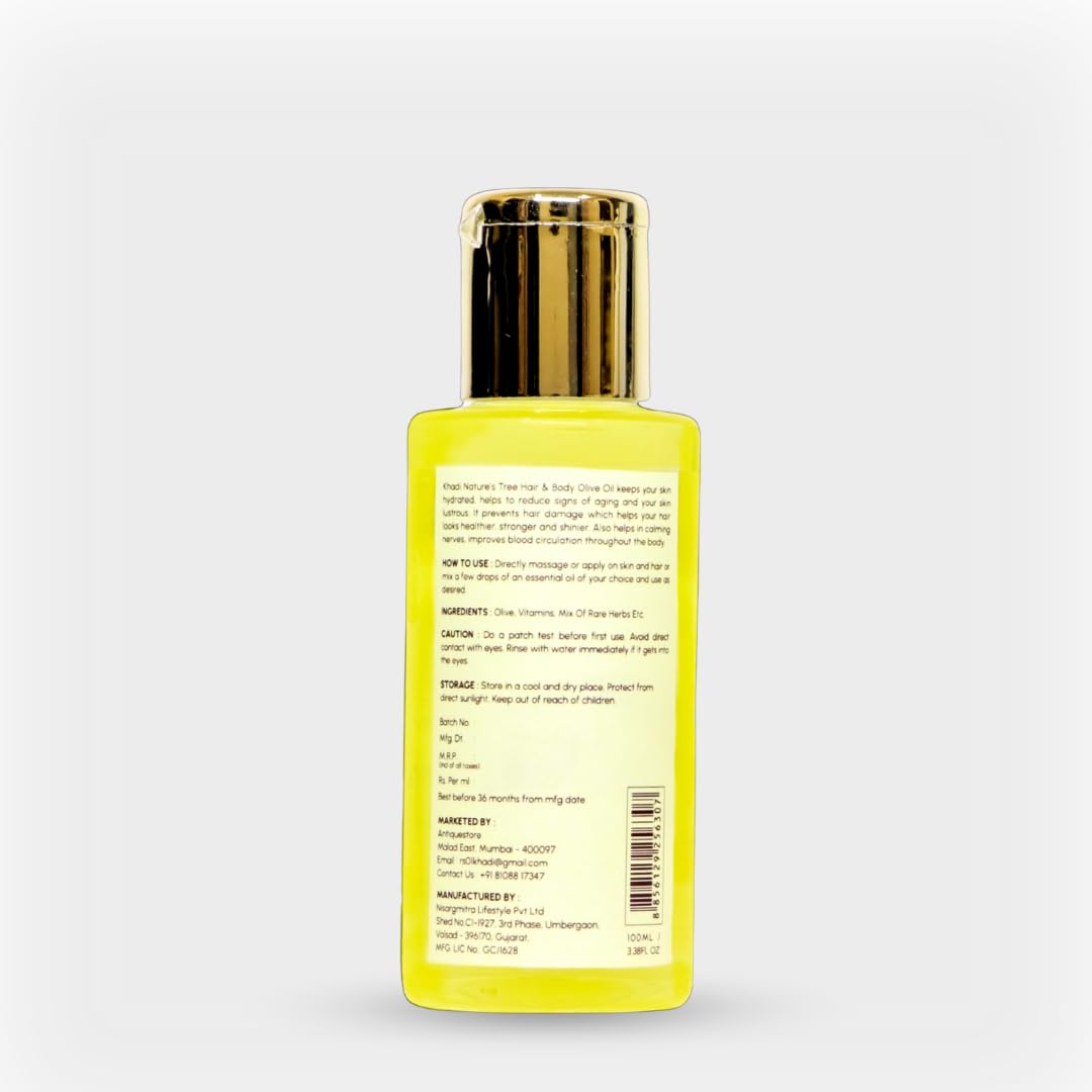 Khadi Nature’s Tree Olive Oil - 100% Pure for Hair Growth, Skin Care & Face Massage | 100ml | Organic & Natural | Perfect for Daily Moisturizing & Scalp Treatment