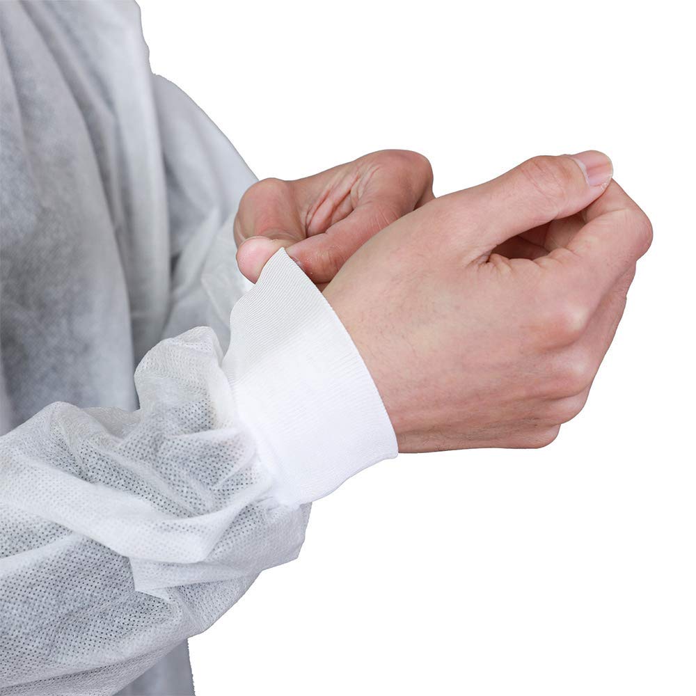 Greenour Disposable Lab Coats with Pockets - Case of 50 White Lab Coats for Adults (Sizes Small to XX-Large) - Knitted Collar & Cuffs - Ideal for Medical, Laboratory, and Cleanroom Use