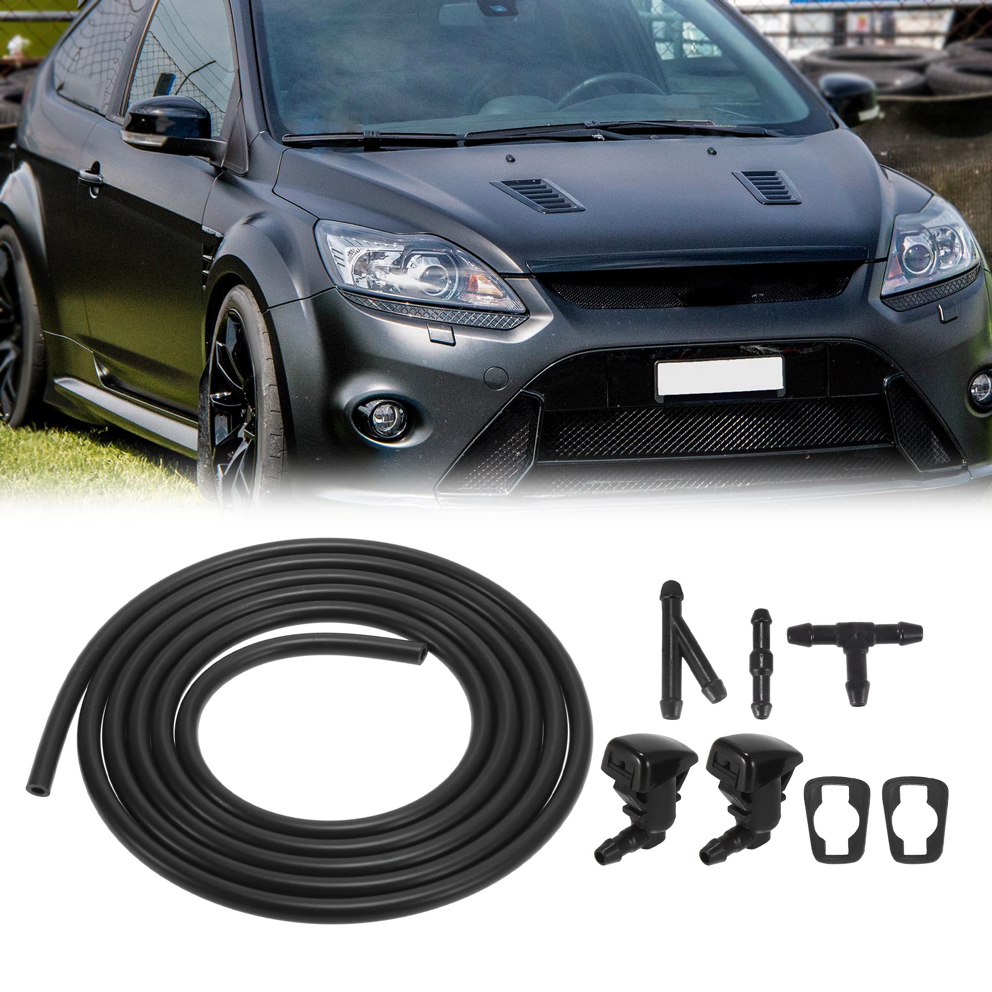 X AUTOHAUX Front Windshield Washer Nozzles Kit for Ford Focus - 2.2M Washer Hose with 3 Connectors - Replacement for 8S4Z17603AA - Perfect for Car Cleaning & Windshield Maintenance