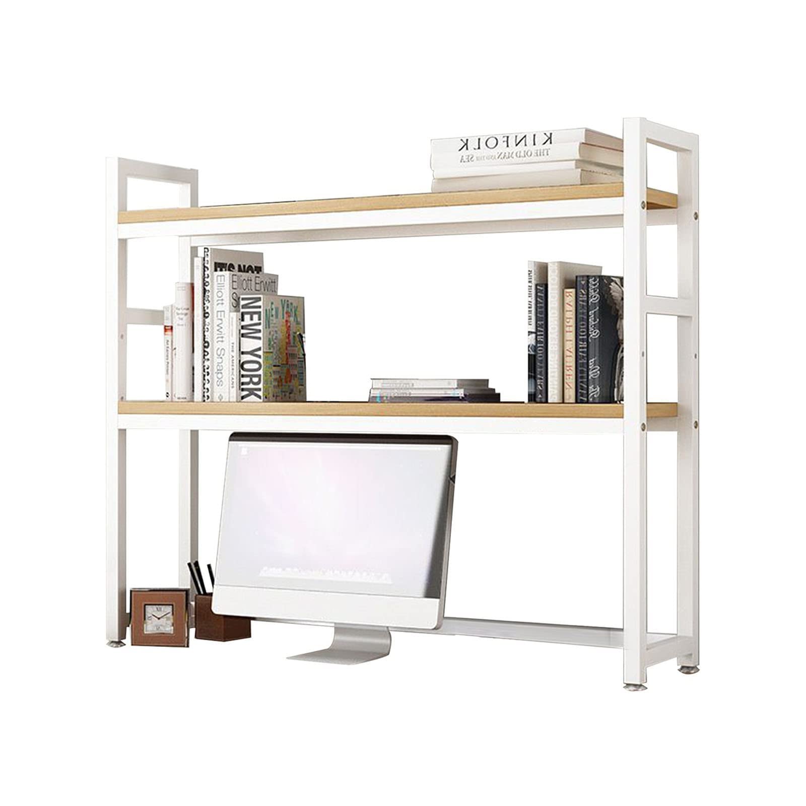 2 Tier Adjustable Desk Bookshelf - Office Desk Shelf Organizer & Printer Stand, Wood & Metal Storage for Home & Office (55 x 24 x 90cm) - Perfect for Workspace Organization, Cubicle Decor & Aesthetic Bookshelf Display