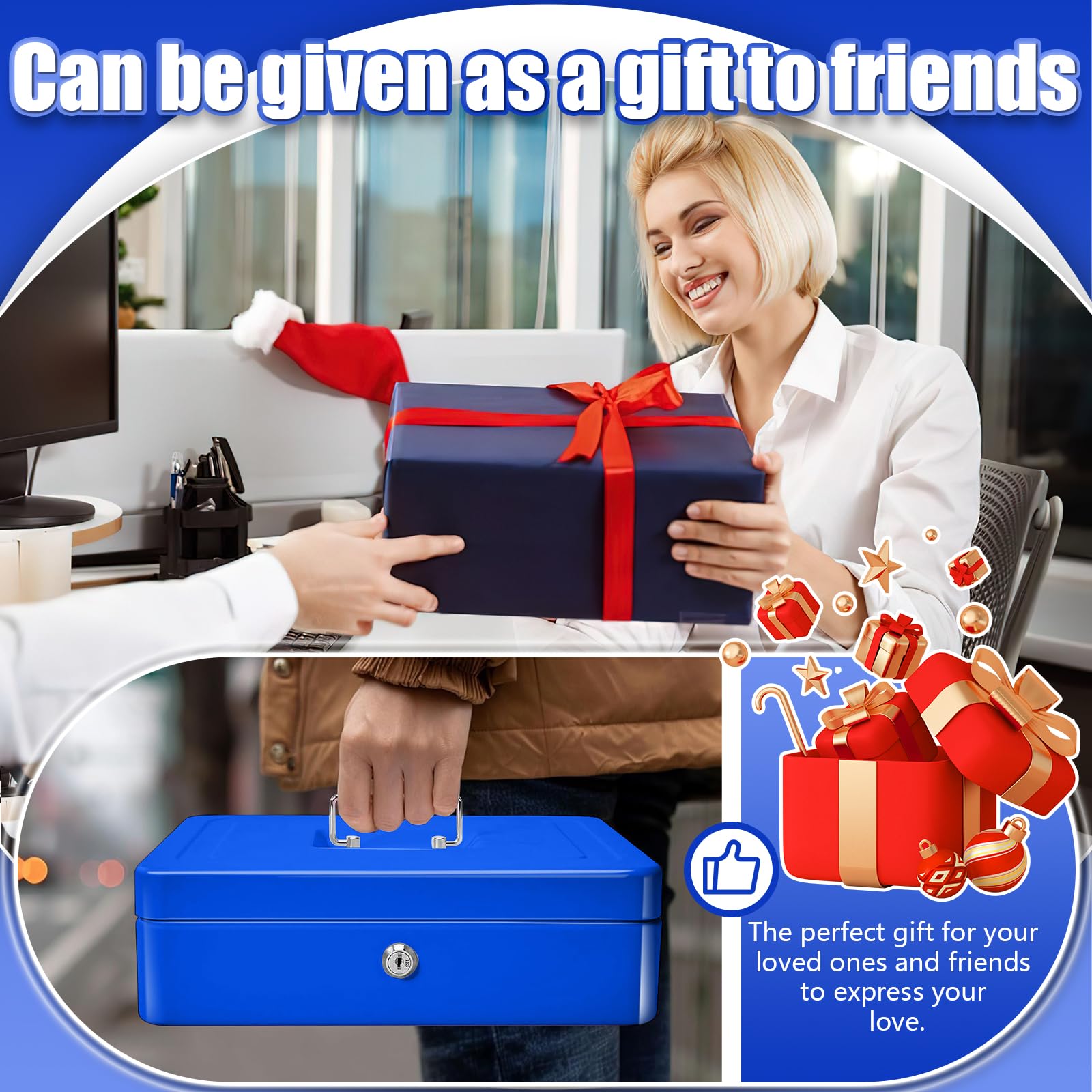 Large Metal Cash Safe Box - Secure Money Lock Box for Storing Cash, Coins, Watches & Valuable Jewelry (Blue) - Perfect for Home, Office & Travel Security