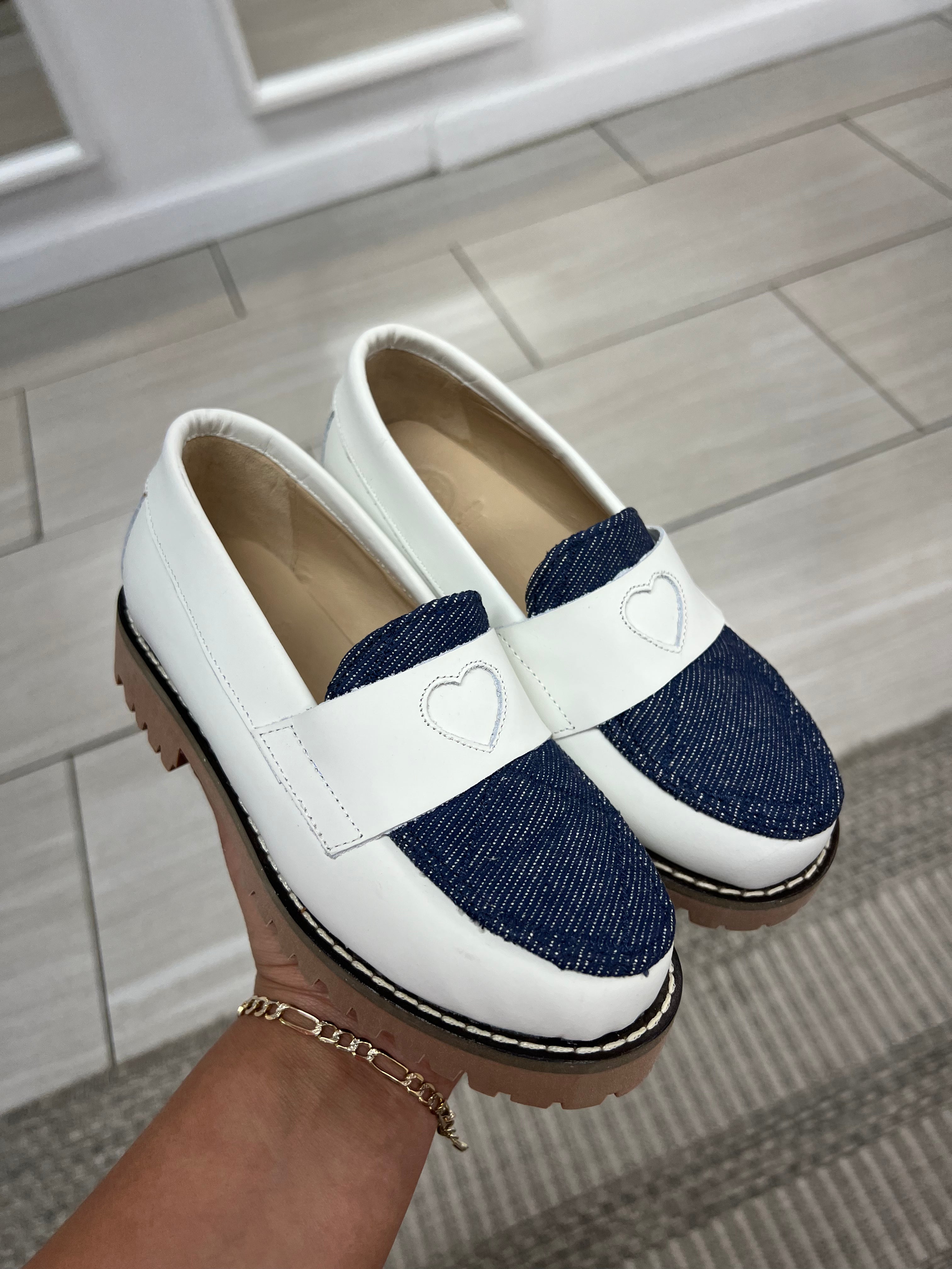 Blublonc Women's White Rubber Sole Jean Heart Loafers - Comfortable Casual Shoes for Walking, Work & Everyday Wear
