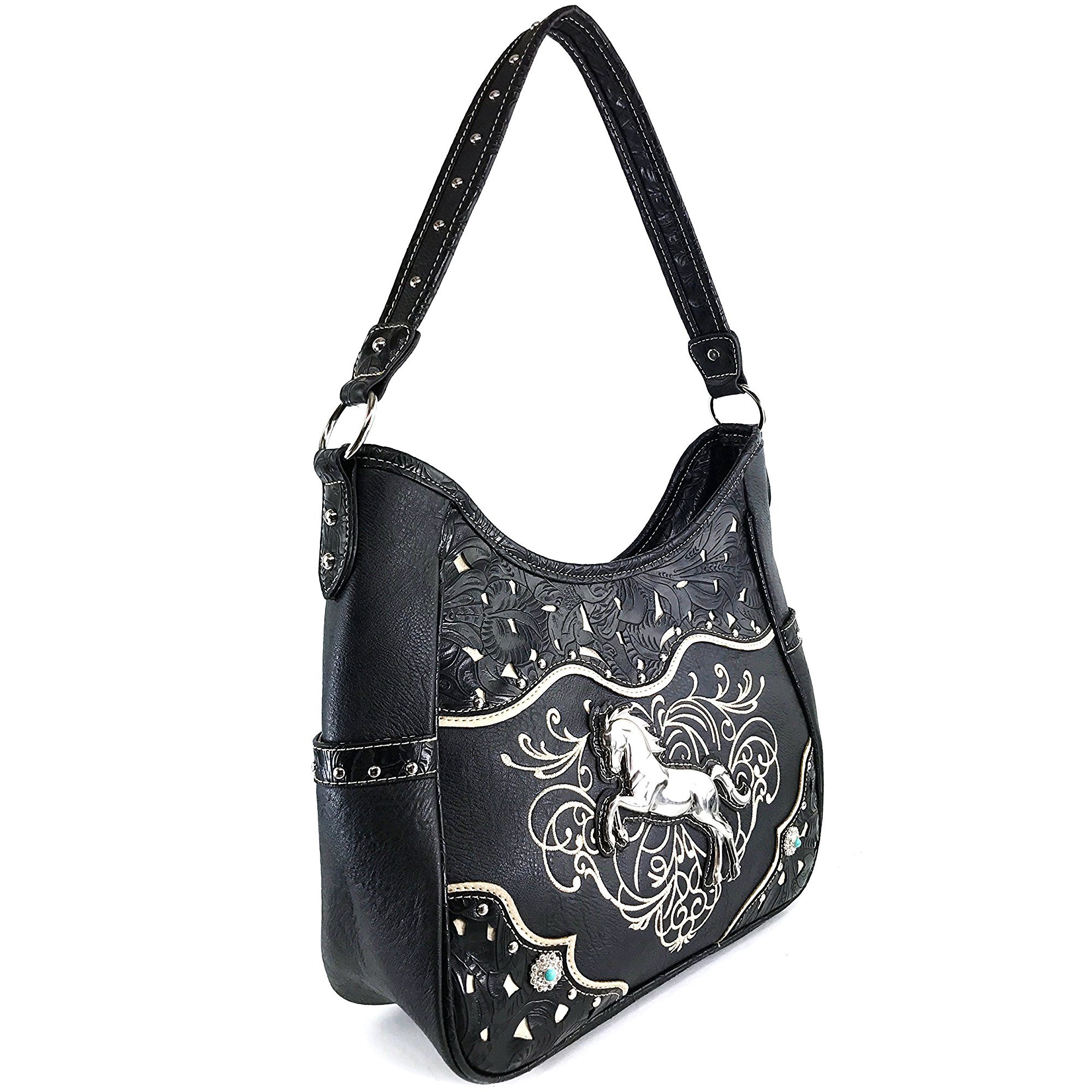 Justin West Horse Embroidery Studded Concealed Carry Handbag Purse with Matching Wallet - Stylish & Functional CCW Crossbody Bag for Women - Perfect for Everyday Use, Travel & Concealed Carry (Black)