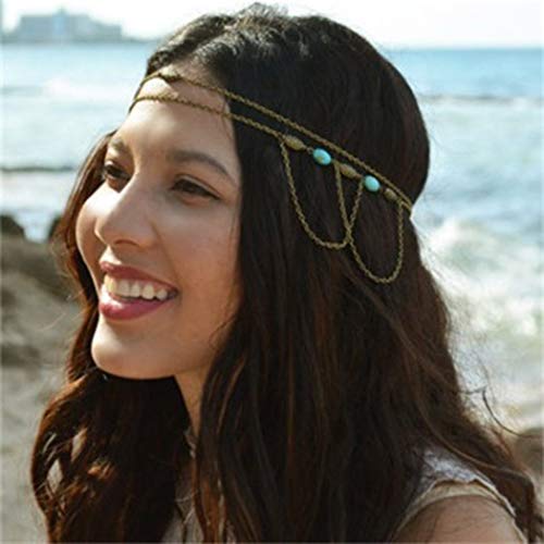 Metisee Boho Vintage Turquoise Head Chain – Hand Carved Silver Hair Accessory for Women & Girls | Perfect for Music Festivals, Weddings & Boho Chic Outfits