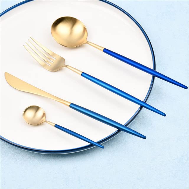 Premium 24-Piece 18/10 Stainless Steel Flatware Set - Luxury Matte Black Silverware with Blue Gold Accents - Complete Cutlery Set for 6 - Elegant Dinnerware for Fine Dining, Wedding Gifts & Formal Entertaining