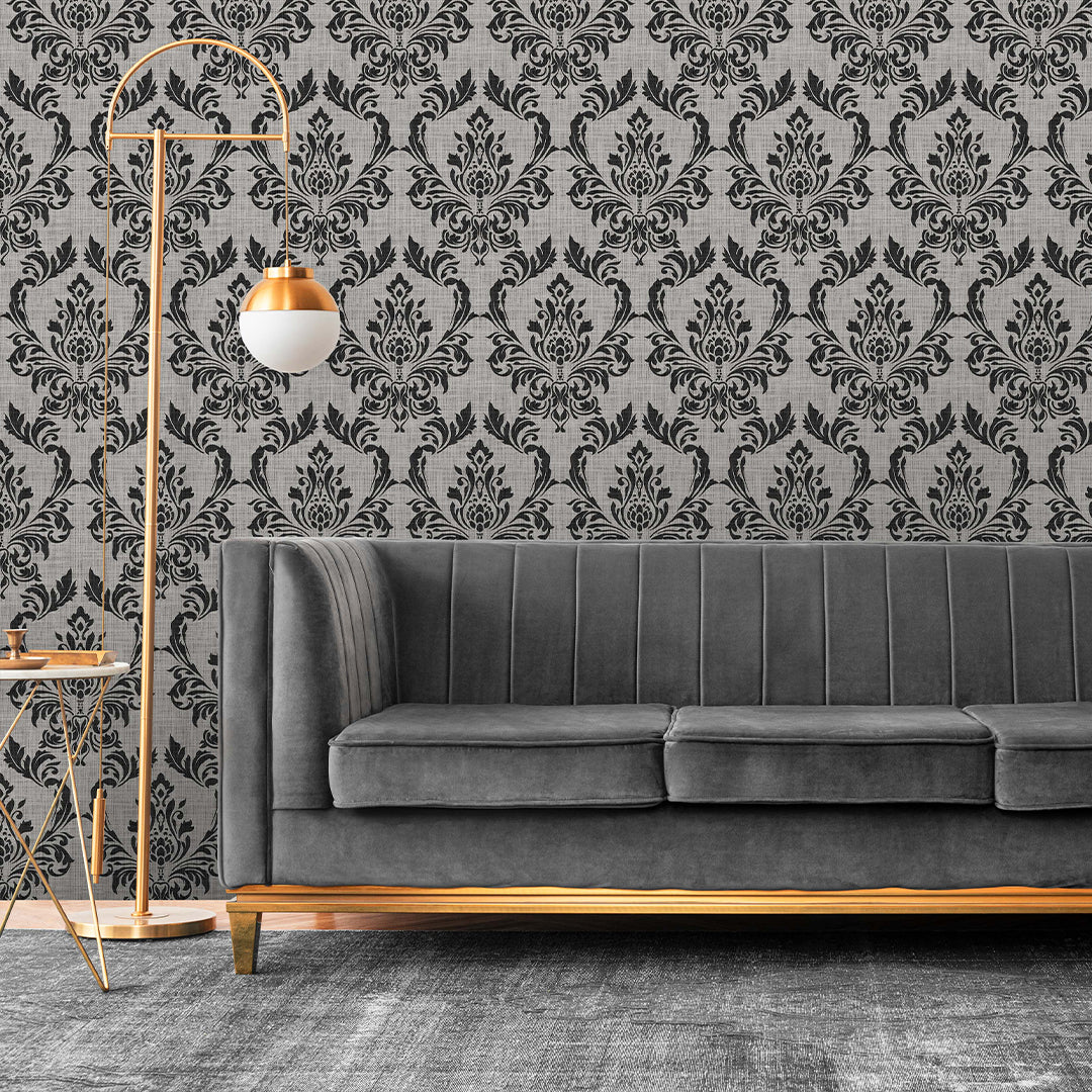 Black and Gray Damask Wallpaper Roll - Self-Adhesive Peel and Stick Wallpaper for Bedroom, Living Room, Home Decor (Pattern A028) | Easy to Install & Removable Wall Covering for DIY Home Improvement