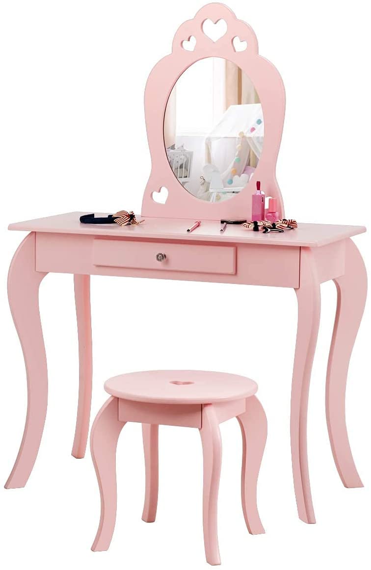 Fireflowery 2-in-1 Detachable Princess Makeup Vanity Set with Stool, Oval Mirror & Large Drawer - Pink Pretend Play Beauty Dressing Table for Girls | Perfect for Birthday Gifts, Bedroom Decor & Role Play Games