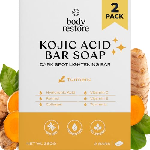 Body Restore Kojic Acid & Turmeric Soap (2-Pack) - Vitamin C, E, Shea Butter, Collagen, Hyaluronic Acid & Retinol for Dark Spots - All Natural, Paraben-Free Skin Brightening Soap Bar for Face & Body - Fades Acne Scars, Hyperpigmentation & Uneven Skin Tone