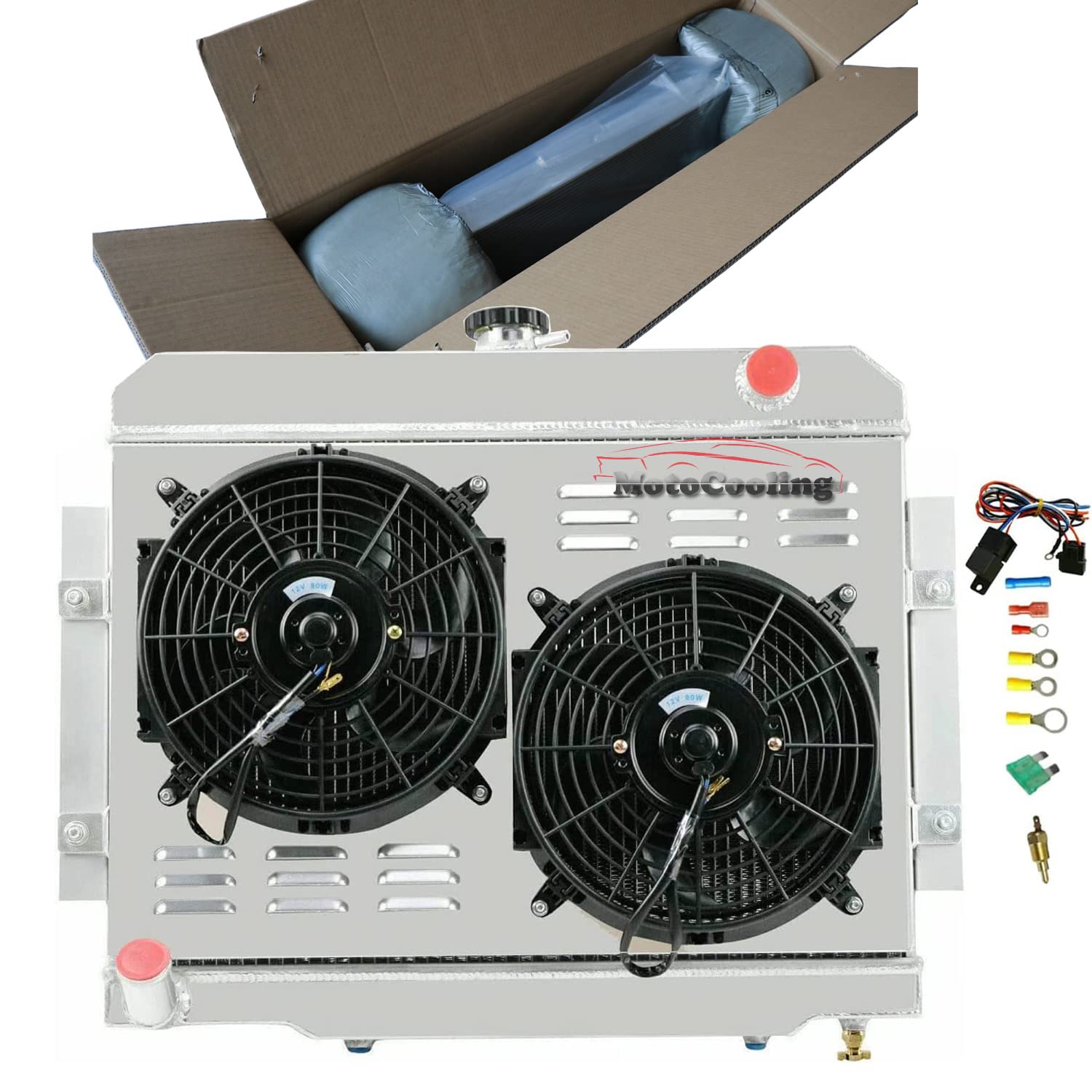 4 Row Aluminum Radiator Replacement for 1972-1986 Jeep CJ5 CJ6 CJ7 Scrambler with L4 L6 V8 2.5L 3.8L 4.2L 5.0L Gas Engines - Includes Electric Fan Shroud & Thermostat Kit - Perfect for Off-Roading, Overheating Prevention & Engine Cooling