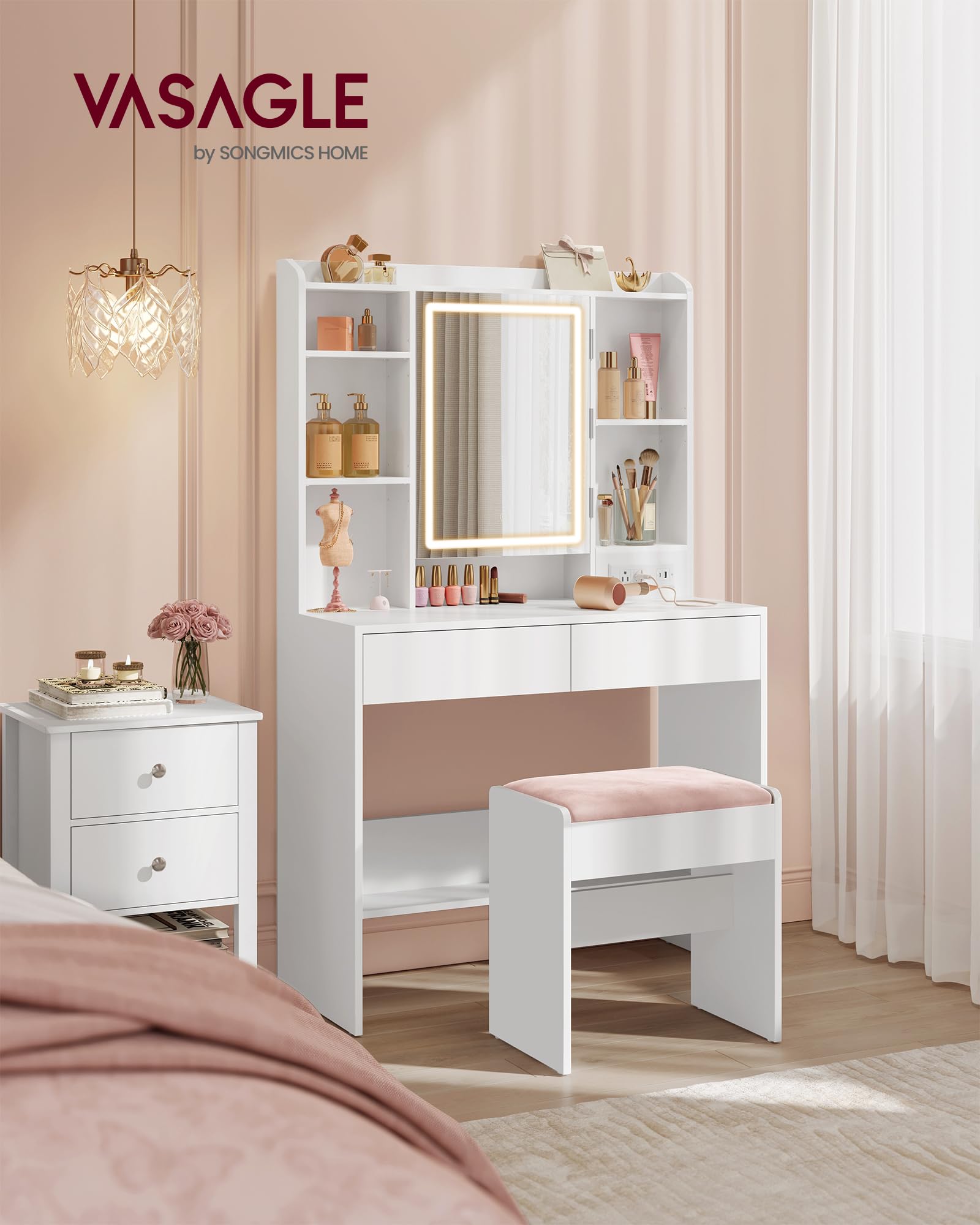 VASAGLE Modern Vanity Desk with Power Outlets & Dimmable LED Lights - Makeup Dressing Table with Mirror, 6 Compartments & 2 Drawers - Includes Upholstered Stool - Perfect for Bedroom, Dorm Room or Beauty Salon (Cloud White URDT031W01)