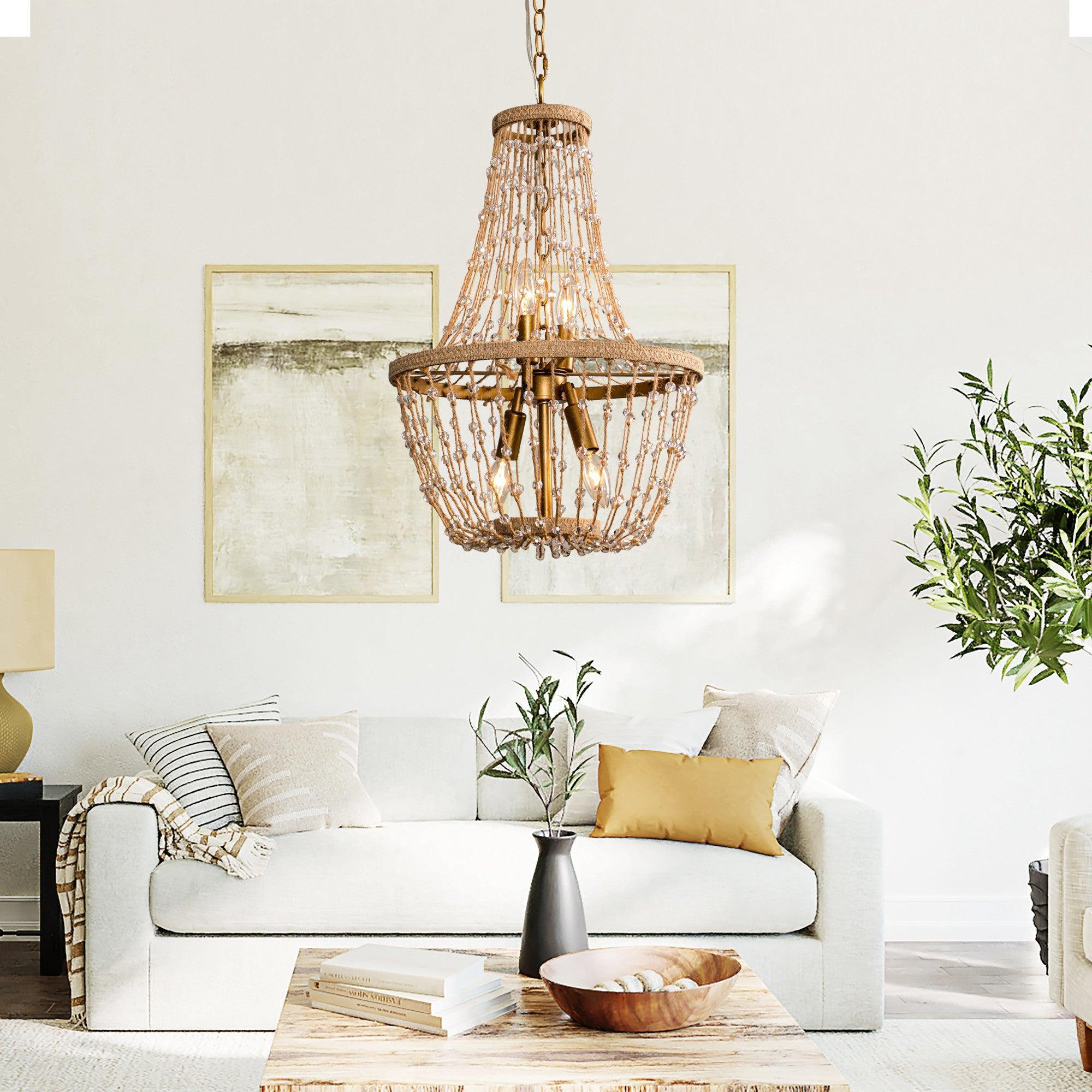Modern Beaded Basket Weathered Wood 4-Light Chandelier - Rustic Farmhouse Ceiling Light Fixture for Dining Room, Bedroom or Entryway