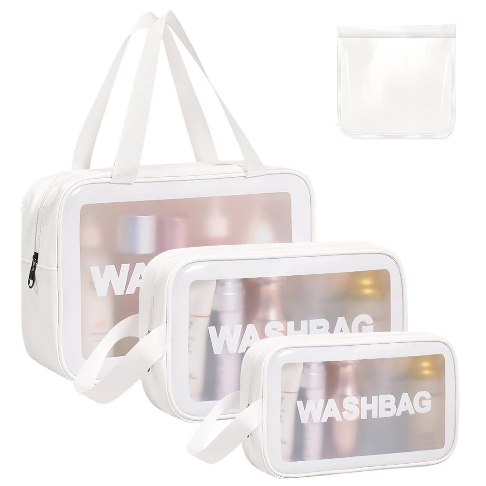 4PCS Clear Toiletry Bags for Travel - Waterproof PU Makeup Organizer with Zipper Handle, TSA Approved Cosmetic Bag for Airport Security, Perfect for Bathroom Essentials & Travel Accessories (White) - Ideal for Vacations, Business Trips & Gym Use