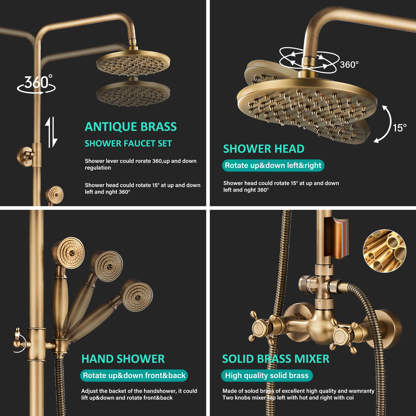 Antique Brass Shower Faucet System Set - 8 Inch Rainfall Shower Head & Handheld Spray with 2 Knobs Mixing Valve - Perfect for Bathroom Renovation & Luxury Spa Experience
