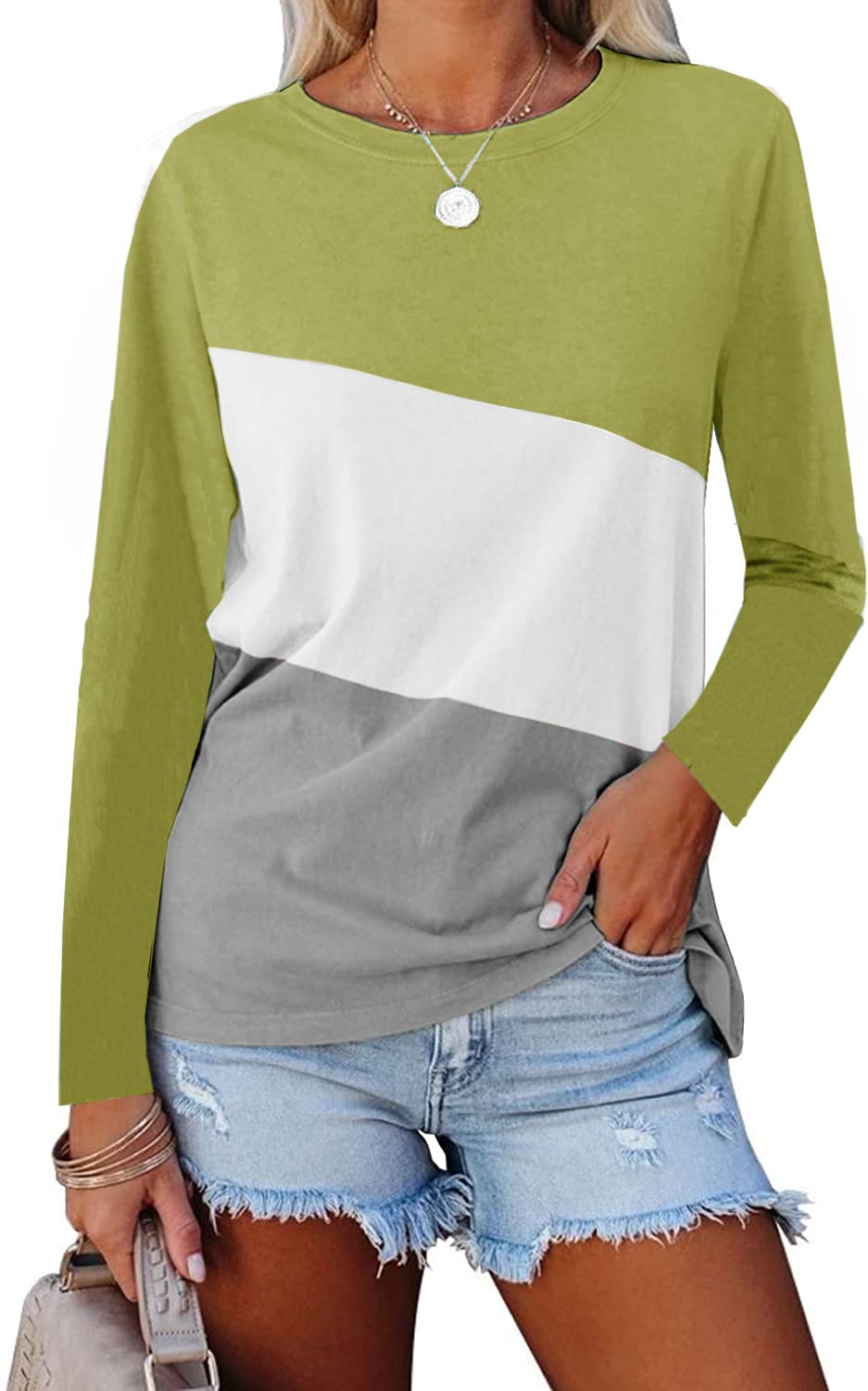 Women's Long Sleeve Colorblock Crewneck T-Shirt Tops - Fall Fashion Casual Wear for Work, Outing & Daily Comfort