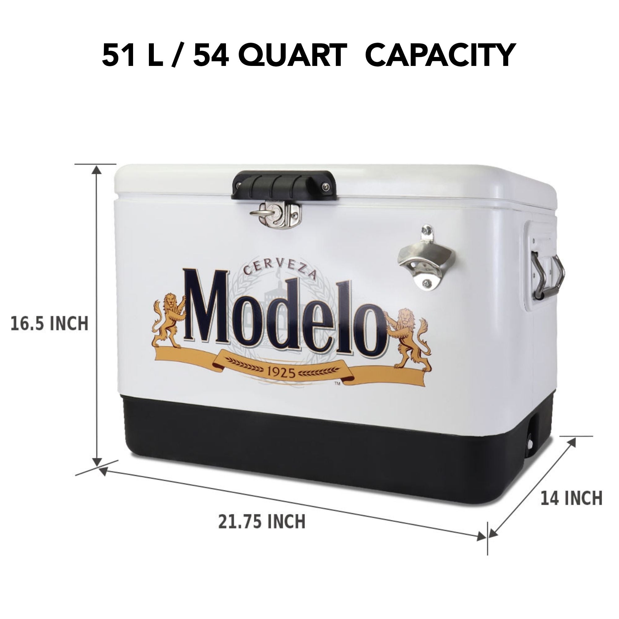 Modelo 51L (54 qt) Steel Belted Portable Ice Chest Beverage Cooler with Bottle Opener - Holds 85 Cans - White & Black Outdoor Cooler for Camping, Beach, RV, BBQ, Tailgating, Fishing & Picnics - Perfect for Parties & Outdoor Adventures