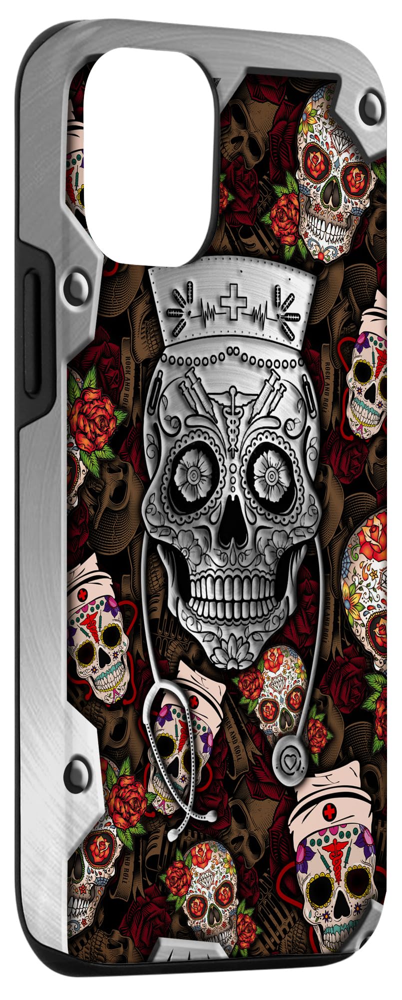 iPhone 12/12 Pro Sugar Skull Metal Phone Case - Gothic Nurse Design | Funny & Durable Protective Cover for Nurses, Medical Workers & Halloween Lovers (Perfect for Work, Cosplay & Everyday Use)