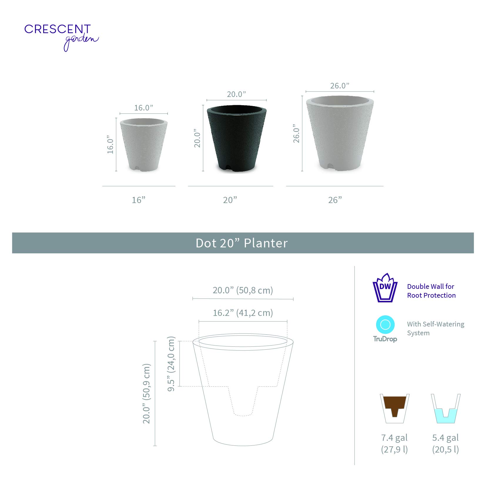 Crescent Garden Dot TruDrop 20-Inch Self-Watering Planter for Indoor & Outdoor Plants - Caviar Black - Perfect for Home Decor, Patio, Garden & Office Spaces