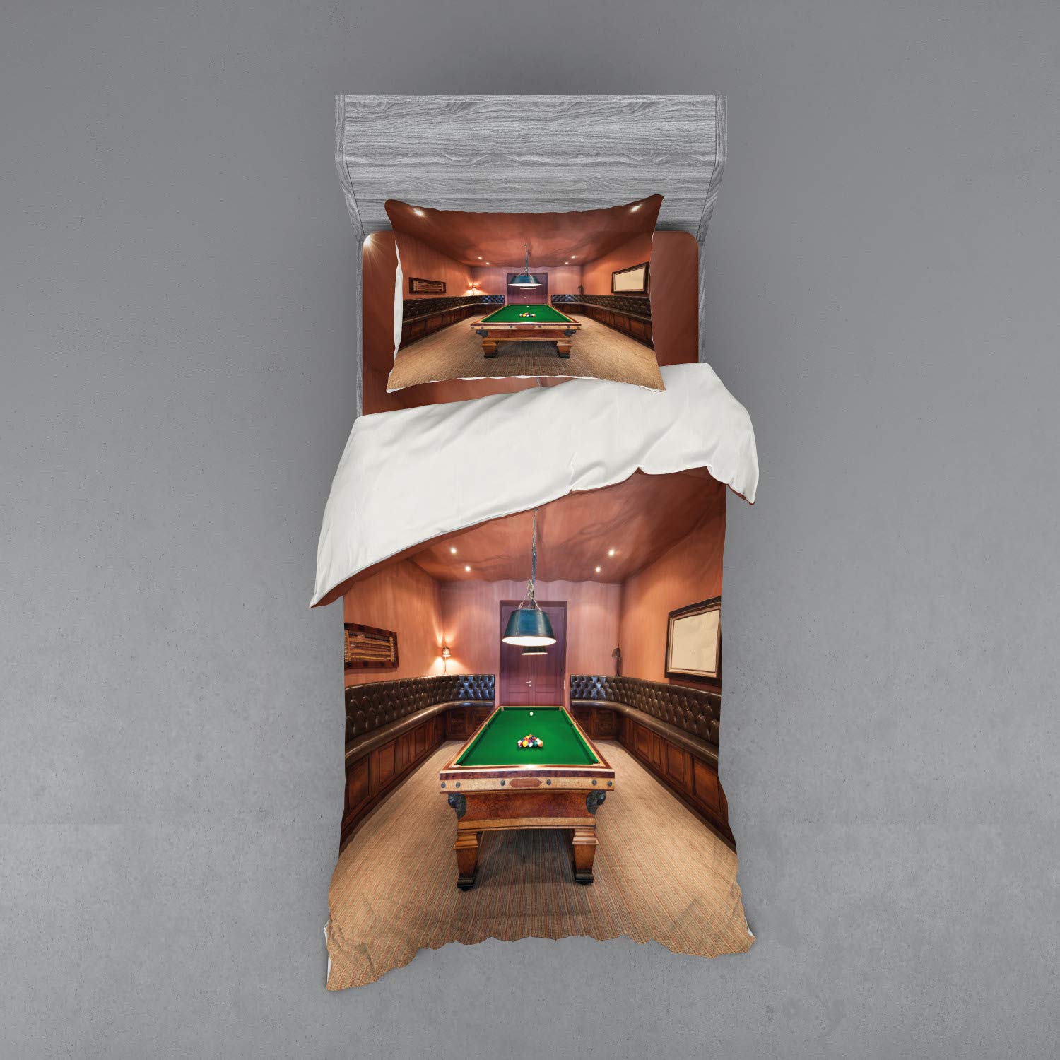 Ambesonne Modern 3-Piece Twin XL Bedding Set - Cinnamon Brown Green Billiard Pool Table Lifestyle Photo Print Duvet Cover with Sham & Fitted Sheet | Perfect for Game Rooms, Bachelor Pads & Entertainment Spaces