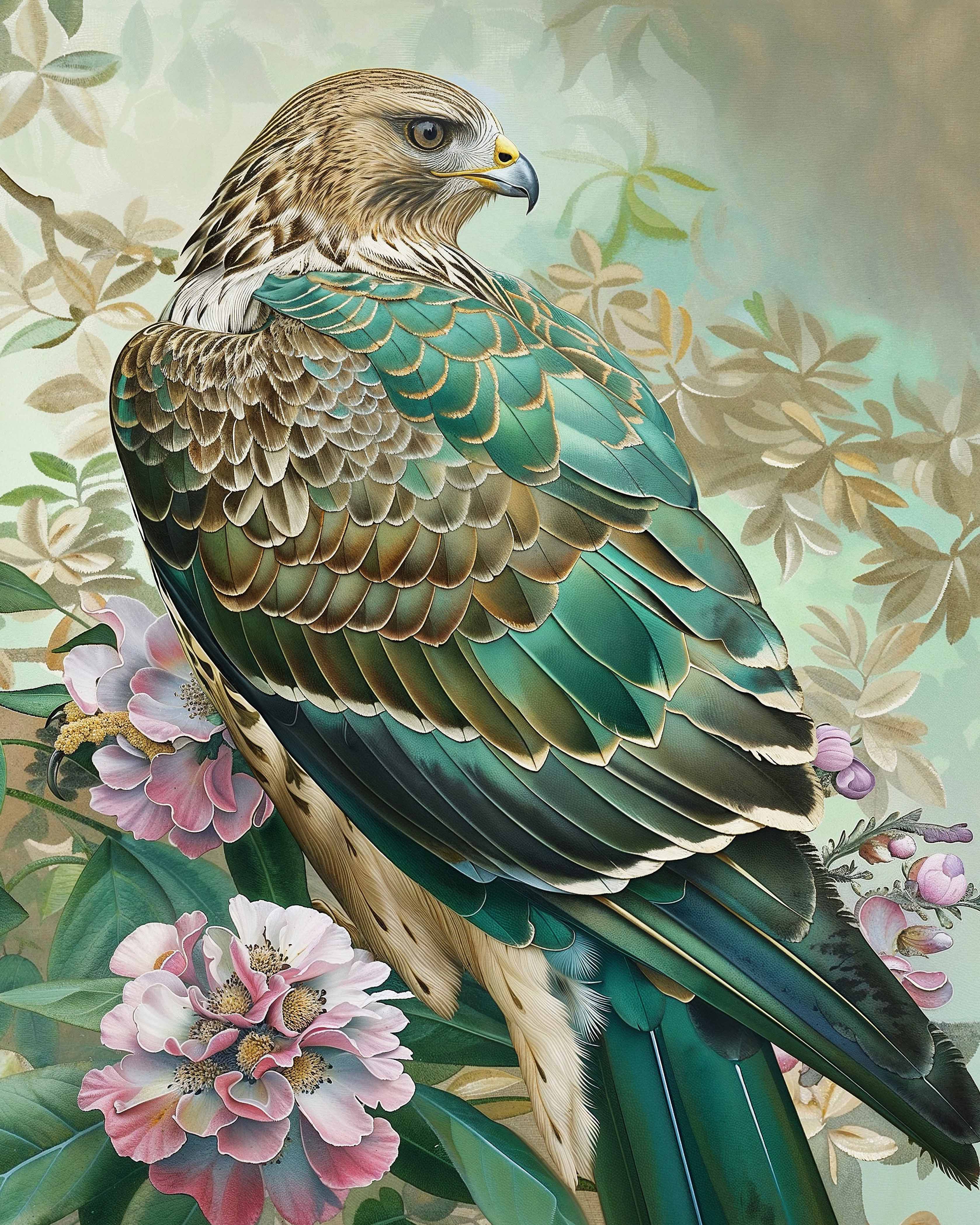Emerald Majesty Hawk Amidst Blossoms Limited Edition Canvas Wall Art - Nature Inspired Home Decor for Living Room, Bedroom & Office