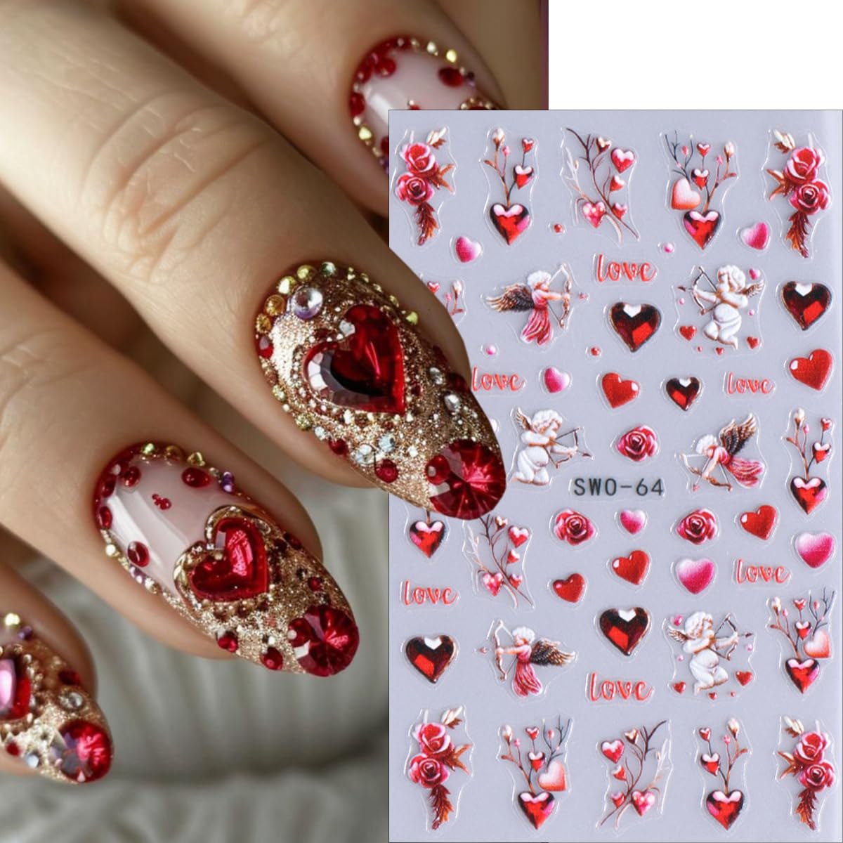 2 Pack 5D Embossed Heart Nail Stickers - Romantic Valentine's Day Nail Art Decals, Self-Adhesive Cupid Angel Nail Designs for Women & Girls | Perfect for Valentine's Gifts, Date Nights, Bridal Showers & Nail Salon Decorations