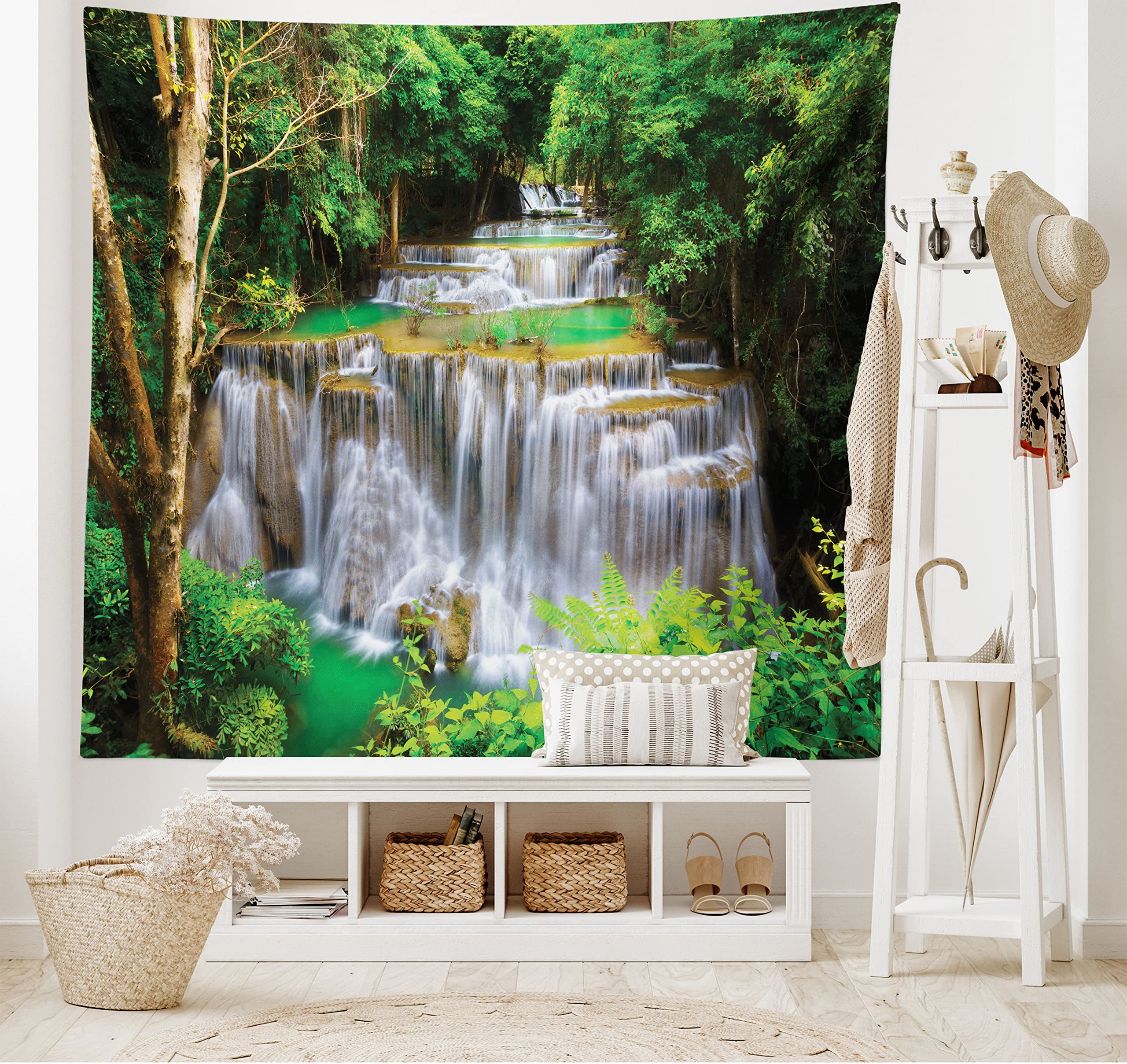 Ambesonne Waterfall Tapestry - Scenic View of Kanchanaburi Waterfall Stream Through Forest - Extra Large 80