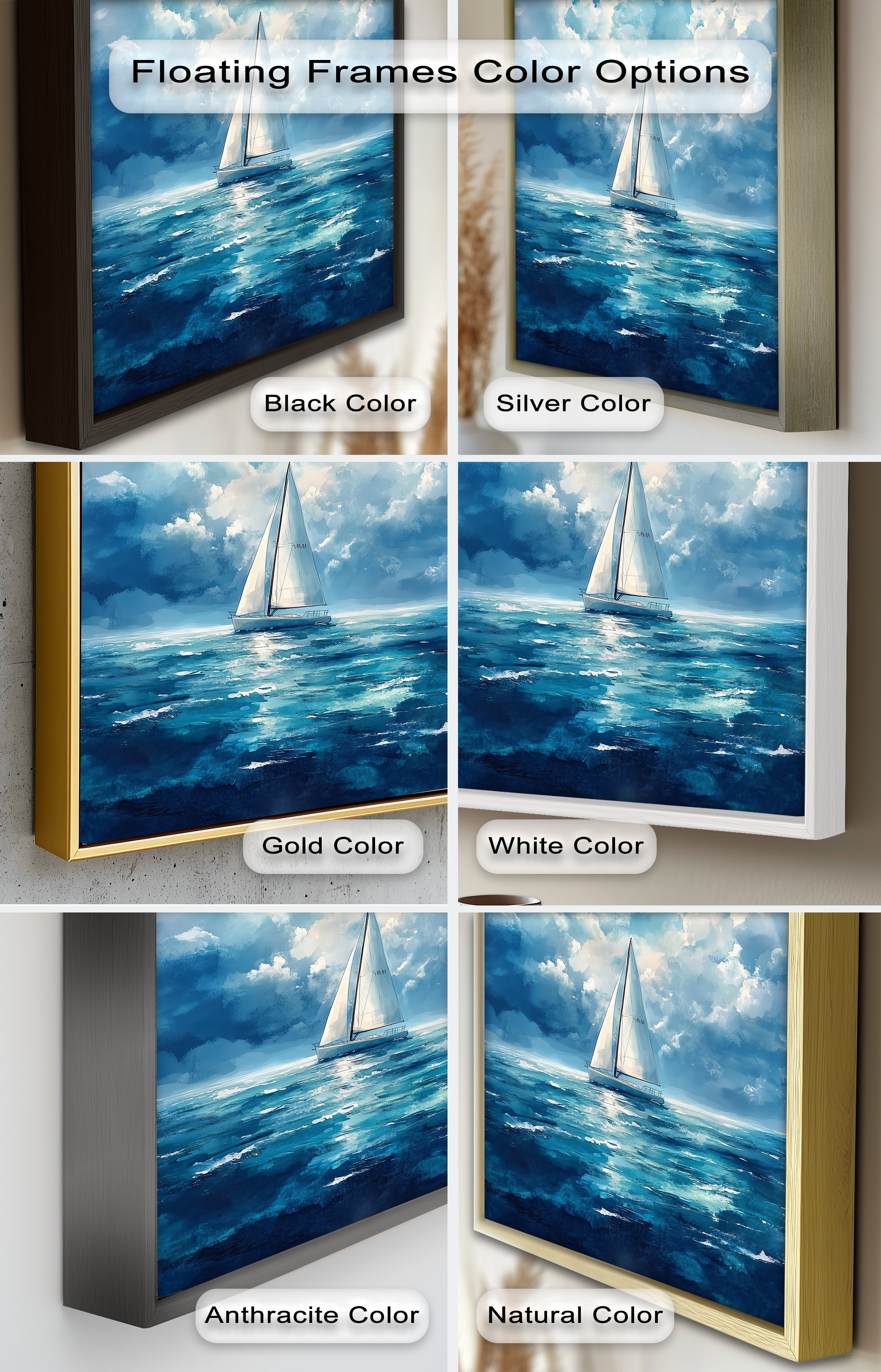Blue Sky White Sailboat Oil Painting - Handmade Nautical Wall Art for Living Room, Bedroom & Office Decor