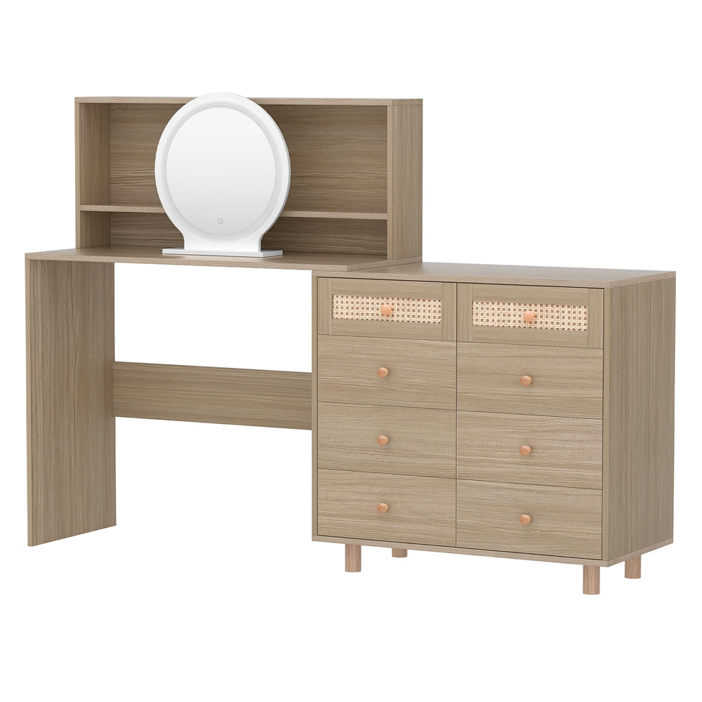 Modern Vanity Dressing Table Set with LED Mirror & Stool - Pine Wood Makeup Vanity for Bedroom, Bathroom, or Dressing Room - Perfect for Makeup Application, Skincare Routine, and Hair Styling