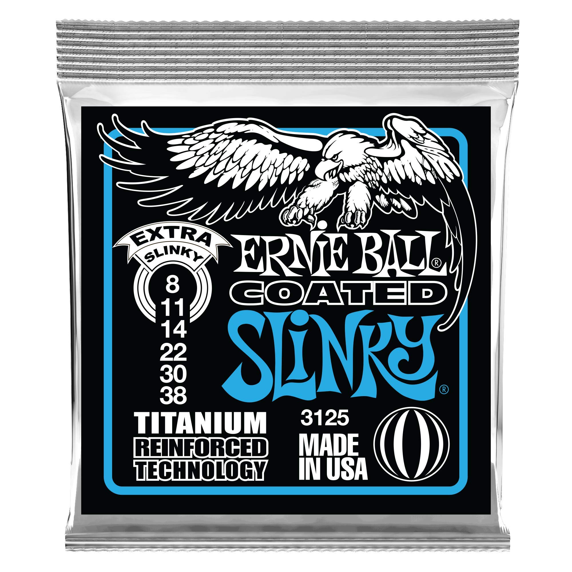 Ernie Ball Extra Slinky Coated Titanium Electric Guitar Strings 8-38 Gauge (P03125) - Premium Coated Strings for Smooth Playability & Extended Tone Life - Perfect for Rock, Blues & Studio Recording