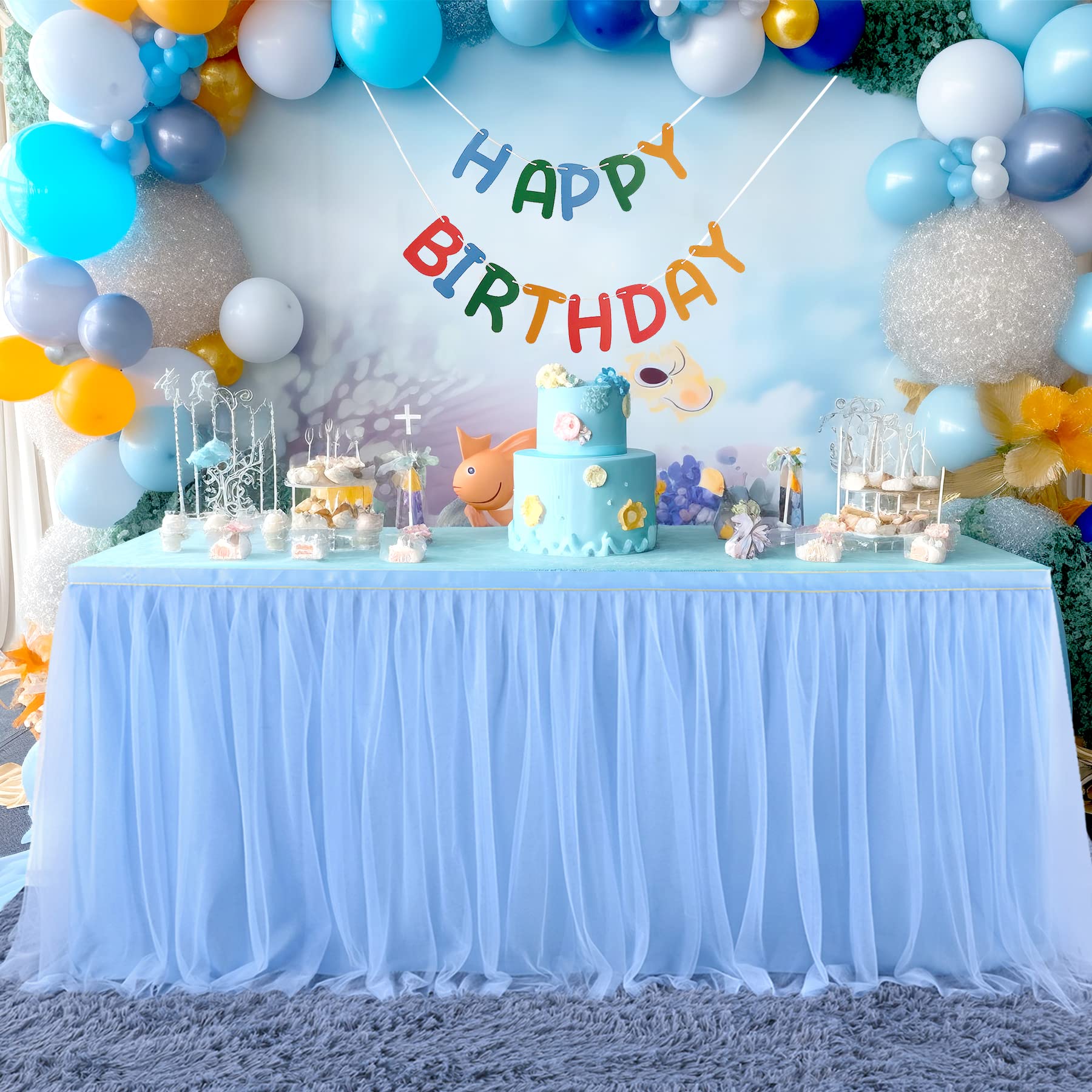 2 Pack 6ft Blue Tulle Table Skirts - Rectangle & Round Table Covers for Baby Showers, Birthday Parties, Weddings - Cake & Dessert Table Decorations (Perfect for Boy's Birthday, Baby Shower & Wedding Decor)
