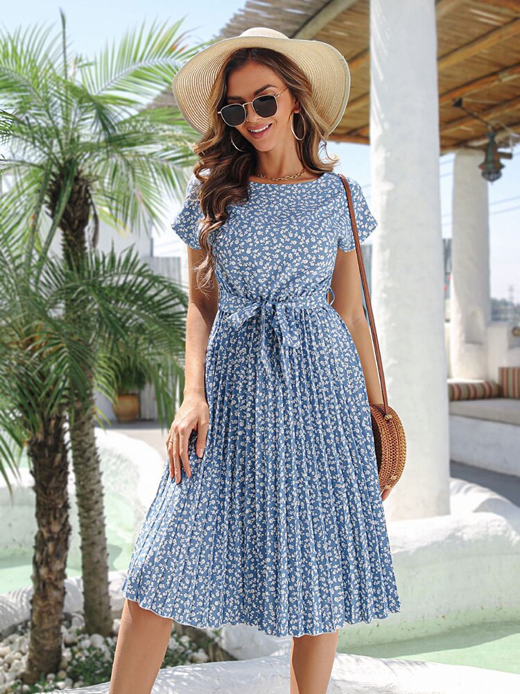 Women's Floral A-Line Midi Dress - Summer Casual & Wedding Guest Dress for Women - Perfect for Garden Parties, Brunch Dates & Vacation Outfits