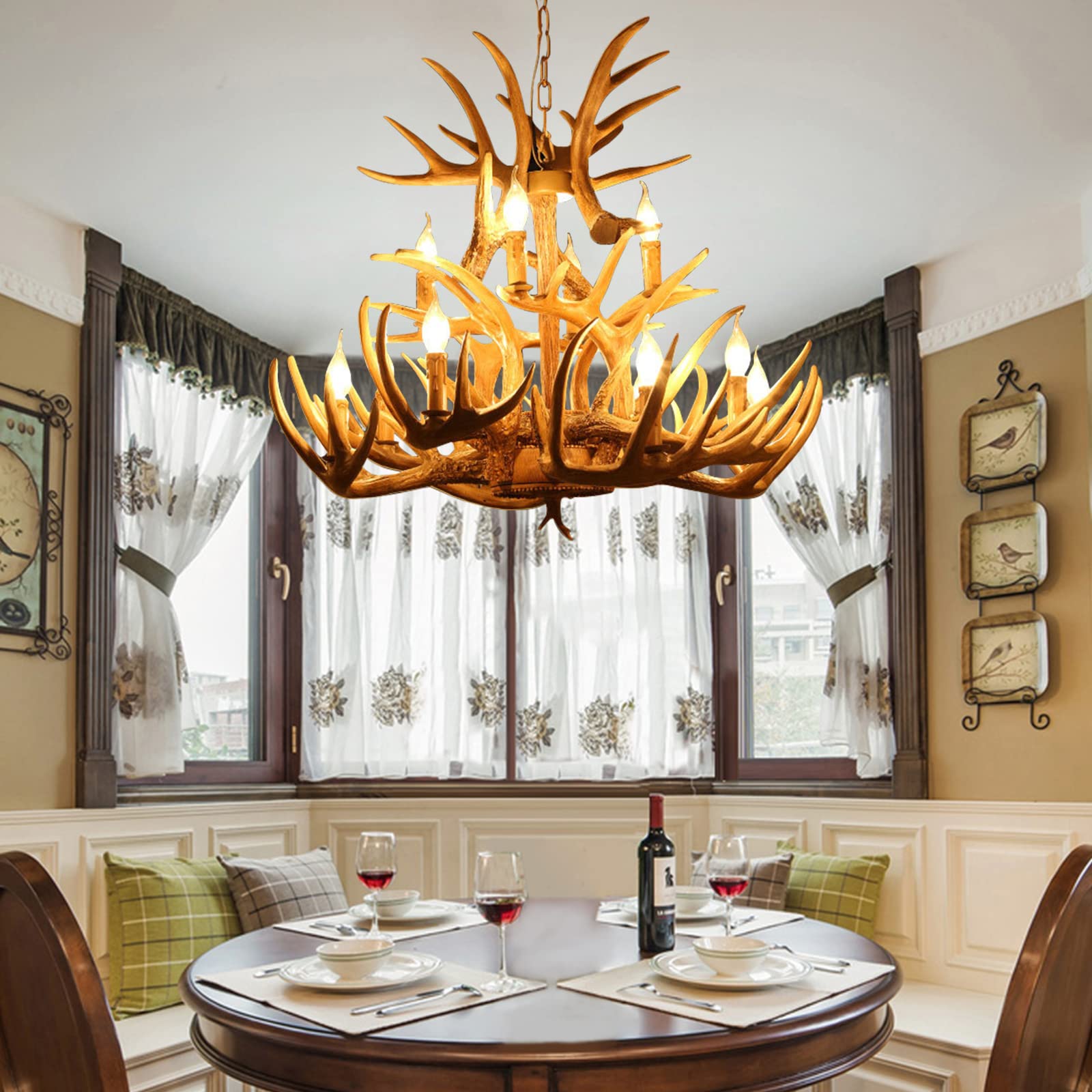 12-Light Resin Deer Antler Chandelier - Double Layer Rustic Country Style Horn Lighting Fixture for Living Room & Dining Room - Perfect for Cabin, Lodge, and Western-Themed Decor (15 Antlers)