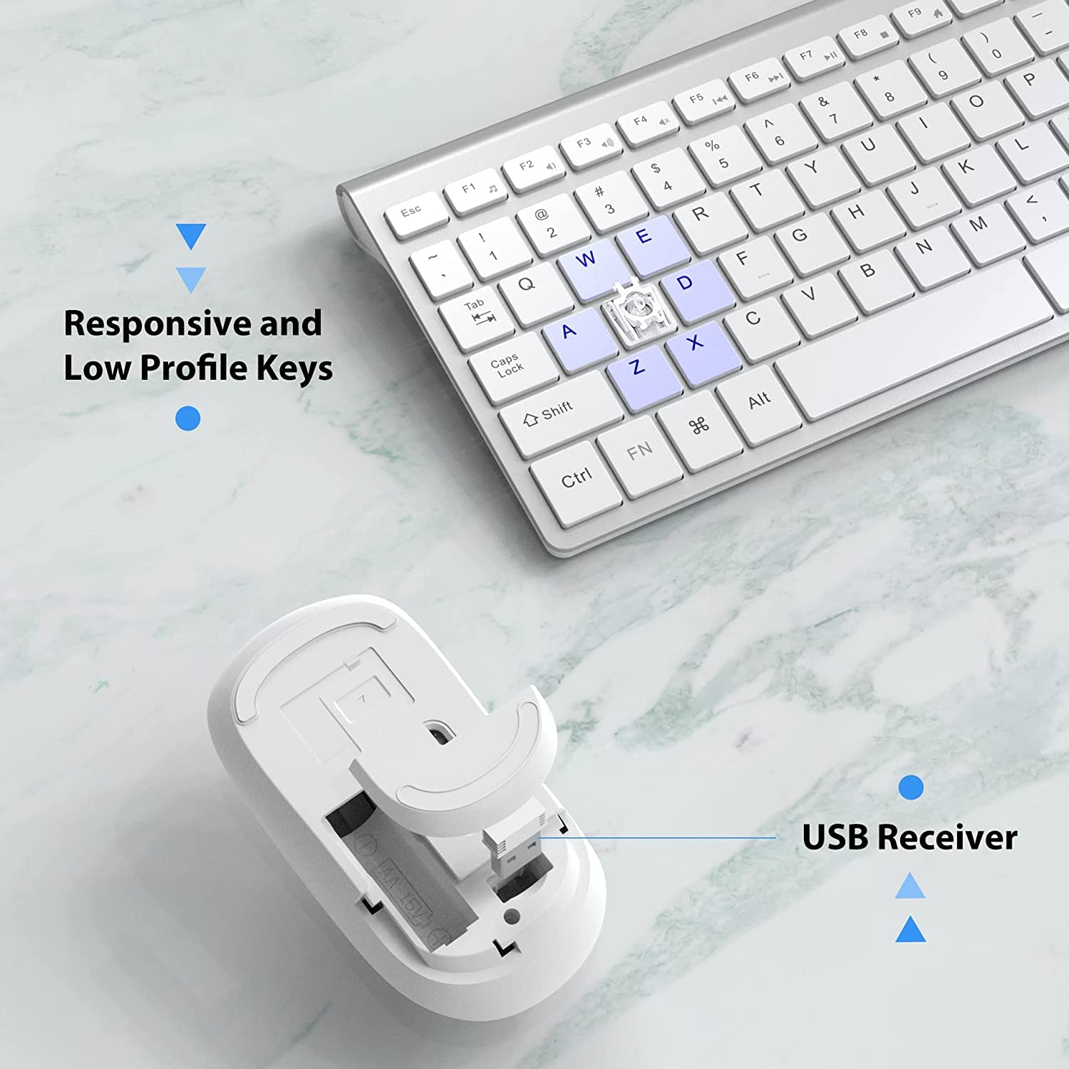 Wireless Keyboard and Mouse Combo with Numeric Keypad - Slim USB Wireless Keyboard & Mouse Set for iMac, Mac, PC, Laptop, Tablet - Compatible with Windows (Silver White) - Perfect for Office Work, Home Computing, and Gaming