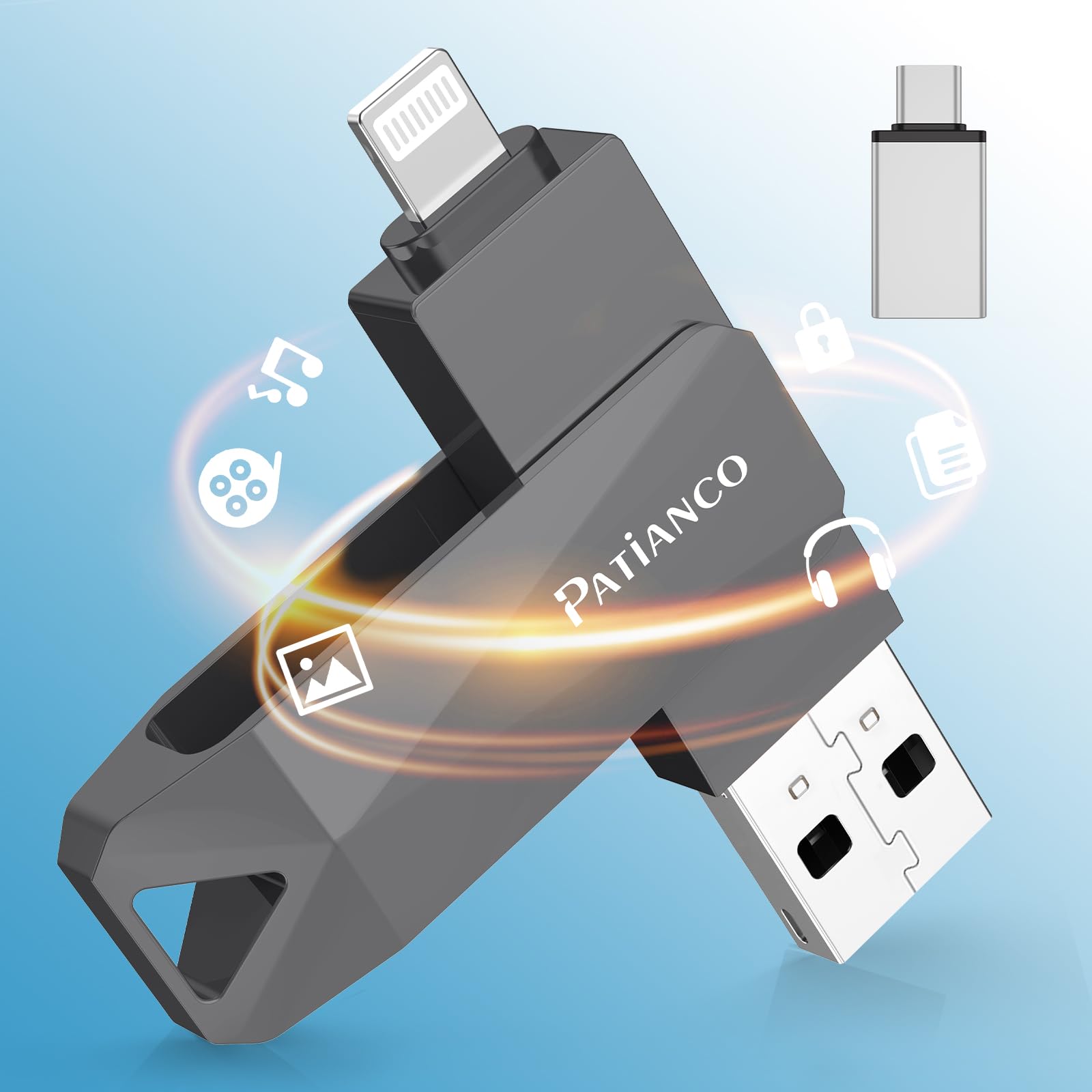 512GB MFi Certified iPhone USB Flash Drive - 3-in-1 Lightning/USB-C/USB 3.0 External Memory for iPhone iPad Android Mac PC - Photo Video Storage Backup Stick (Black) - Perfect for Travel, Work & File Transfer