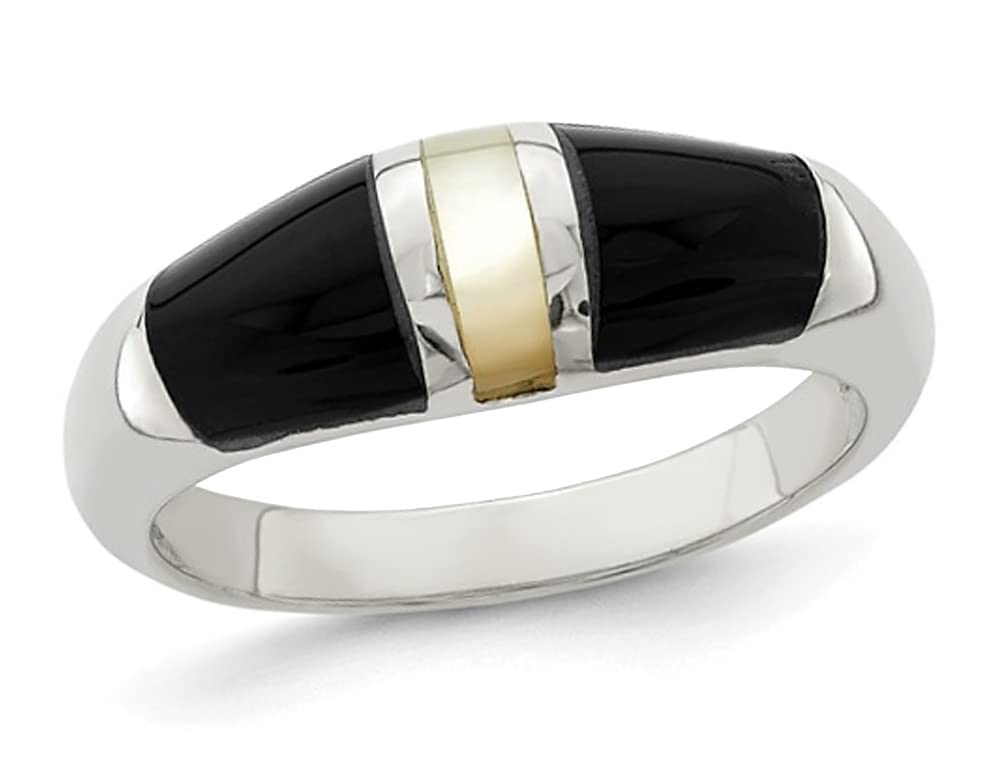 Sterling Silver White Mother of Pearl and Onyx Ring - Elegant Dainty Jewelry for Women, Perfect for Weddings, Anniversaries & Special Occasions