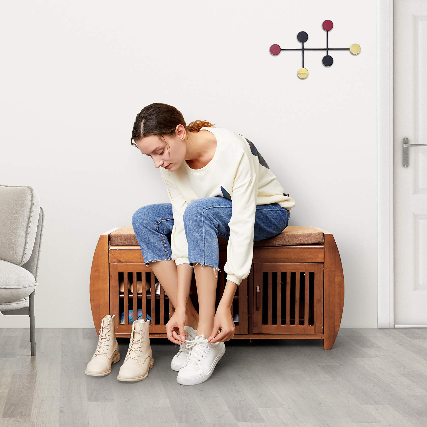Stylish Bamboo Shoe Storage Bench with Detachable Cushion & Hidden Compartment - Entryway Organizer, Shoe Rack Cabinet for Hallway & Bedroom - Perfect for Small Spaces, Mudroom & Closet Organization