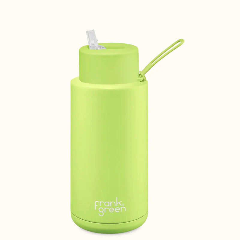 Frank Green 1L Ceramic Reusable Water Bottle with Straw Lid - 34oz Insulated Travel Mug for Hot & Cold Drinks - Perfect for Gym, Hiking, Office & Outdoor Activities