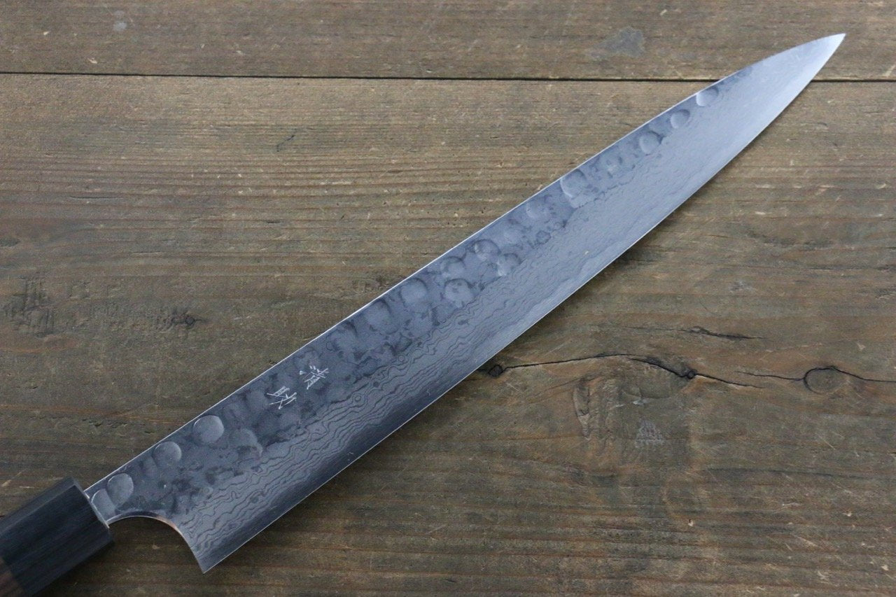 Premium Seisuke Blue Steel No.2 Hammered Damascus Yanagiba Sushi Knife 270mm with Shitan Handle - Professional Japanese Sushi & Sashimi Preparation for Chefs & Home Cooks