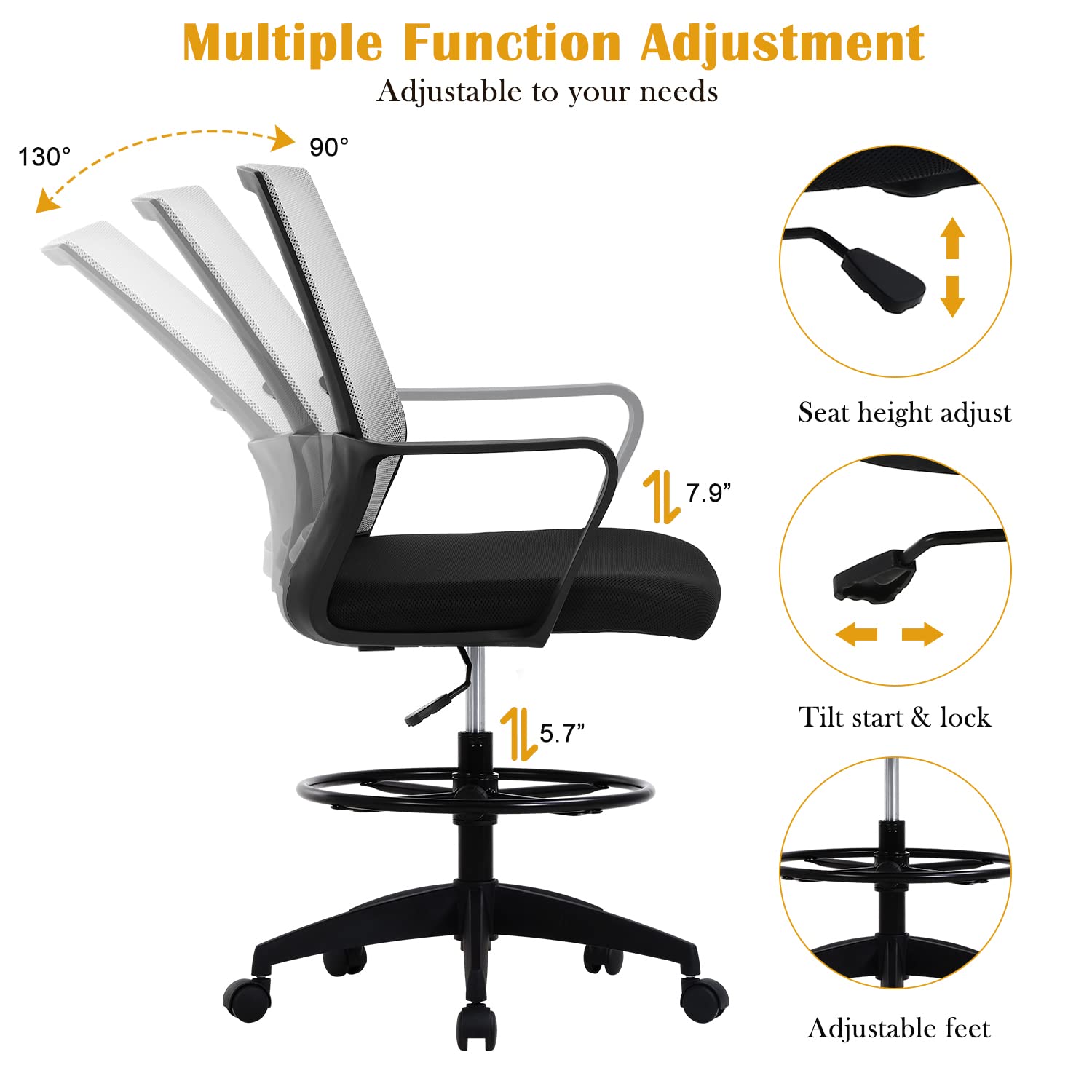 Ergonomic Drafting Chair - Adjustable Height Mid Back Office Chair with Lumbar Support & Foot Ring - Mesh Computer Stool for Standing Desk - Perfect for Architects, Designers & Long Work Hours