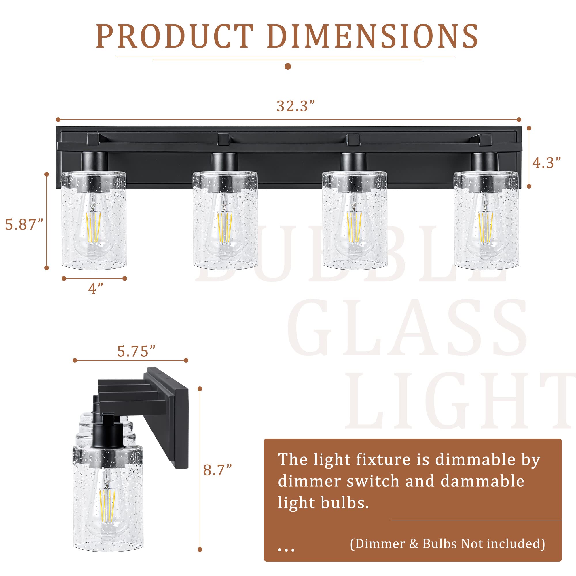 Modern Matte Black Bathroom Vanity Light - 4-Light Wall Sconce with Thickened Seeded Glass Shade, 33 Inch Contemporary Fixture for Mirror Lighting | Perfect for Bathroom, Powder Room, and Dressing Area Makeup Vanity
