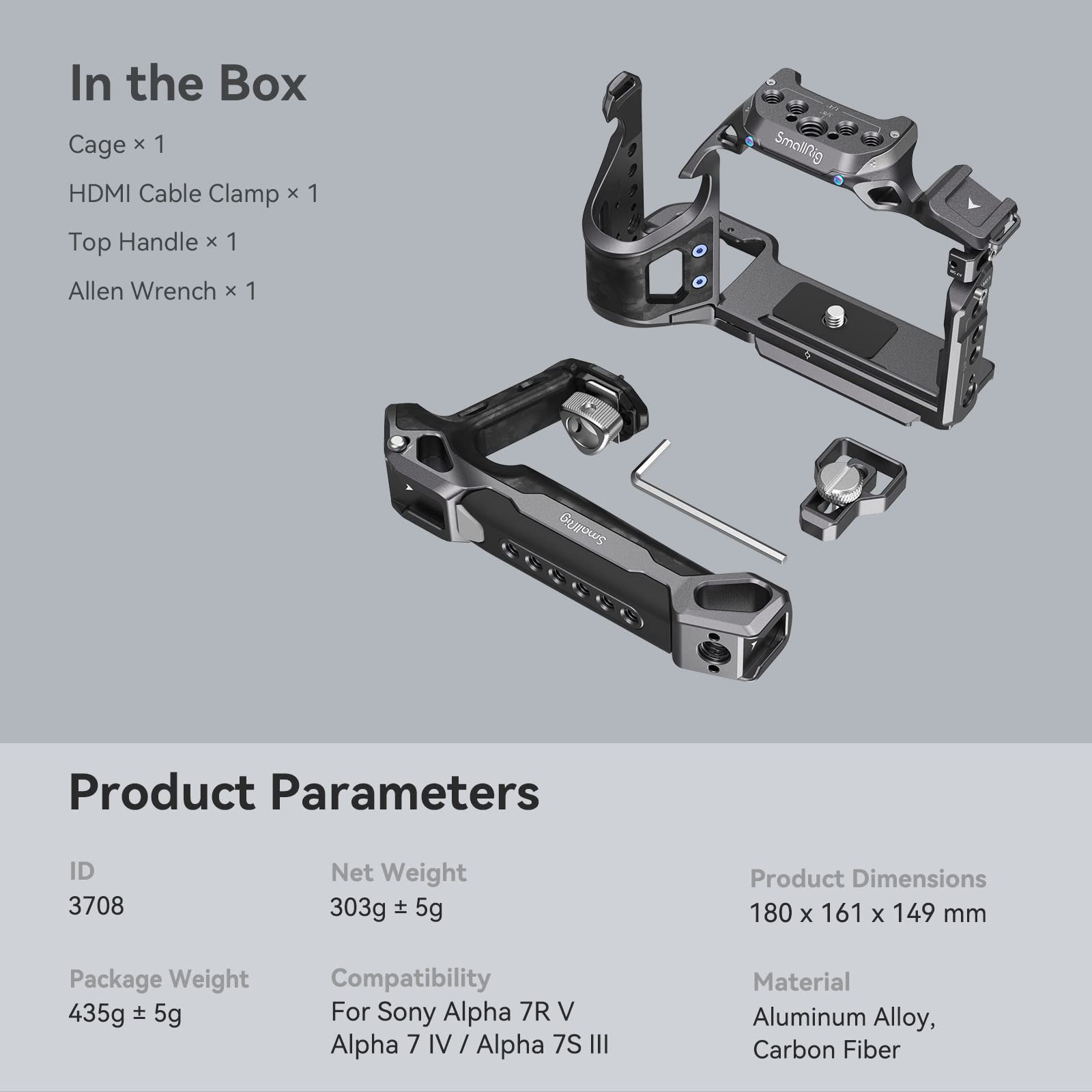 SmallRig 3708 Camera Cage for Sony A7 IV, A7R V & A7S III - Aluminum Alloy Body with Top Handle & HDMI Clamp - Professional DSLR Rig for Vlogging, Filmmaking & Photography