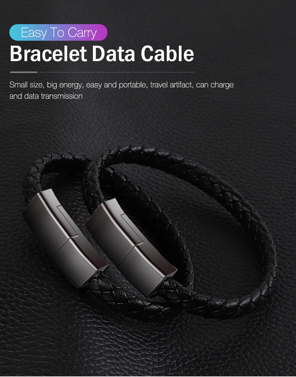 Premium USB C to USB C Charging Cable - 22.5cm Short Braided Leather Bracelet Style for Samsung/Huawei/LG/Google Android - Perfect for Travel, Office & On-the-Go Charging