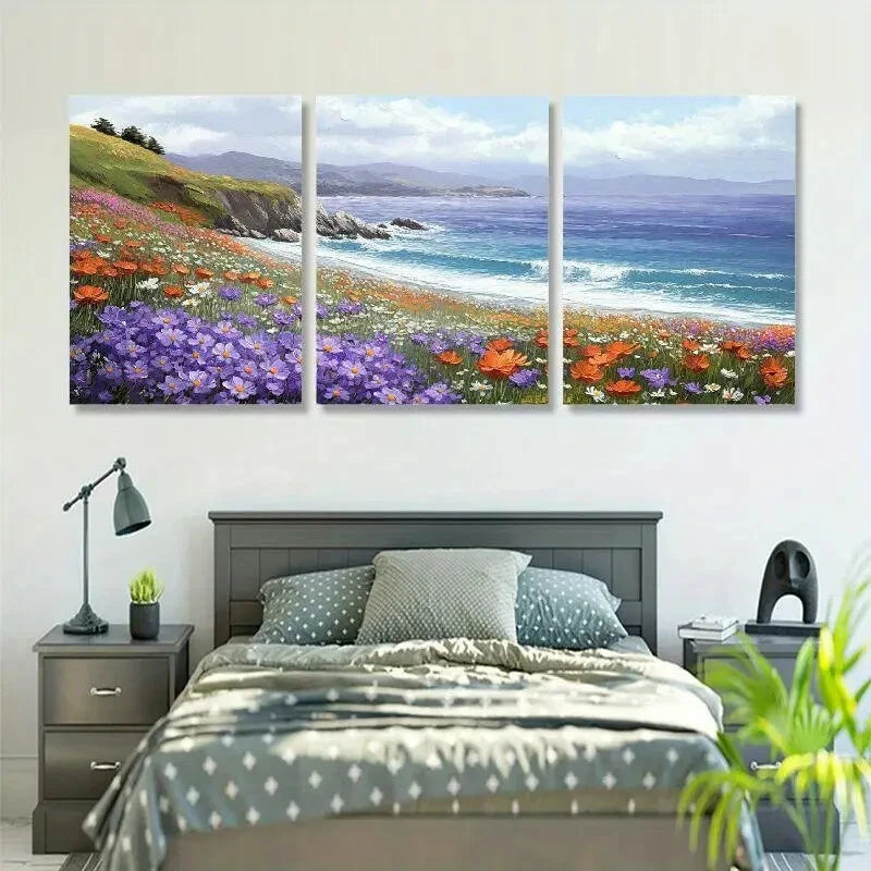 3-Piece Vibrant Daisy & Ocean Landscape Wall Art Set - Framed Canvas 40x60cm - High Quality Print - 100% Australian Made - Ready to Hang - Perfect for Living Room, Bedroom & Office Decor